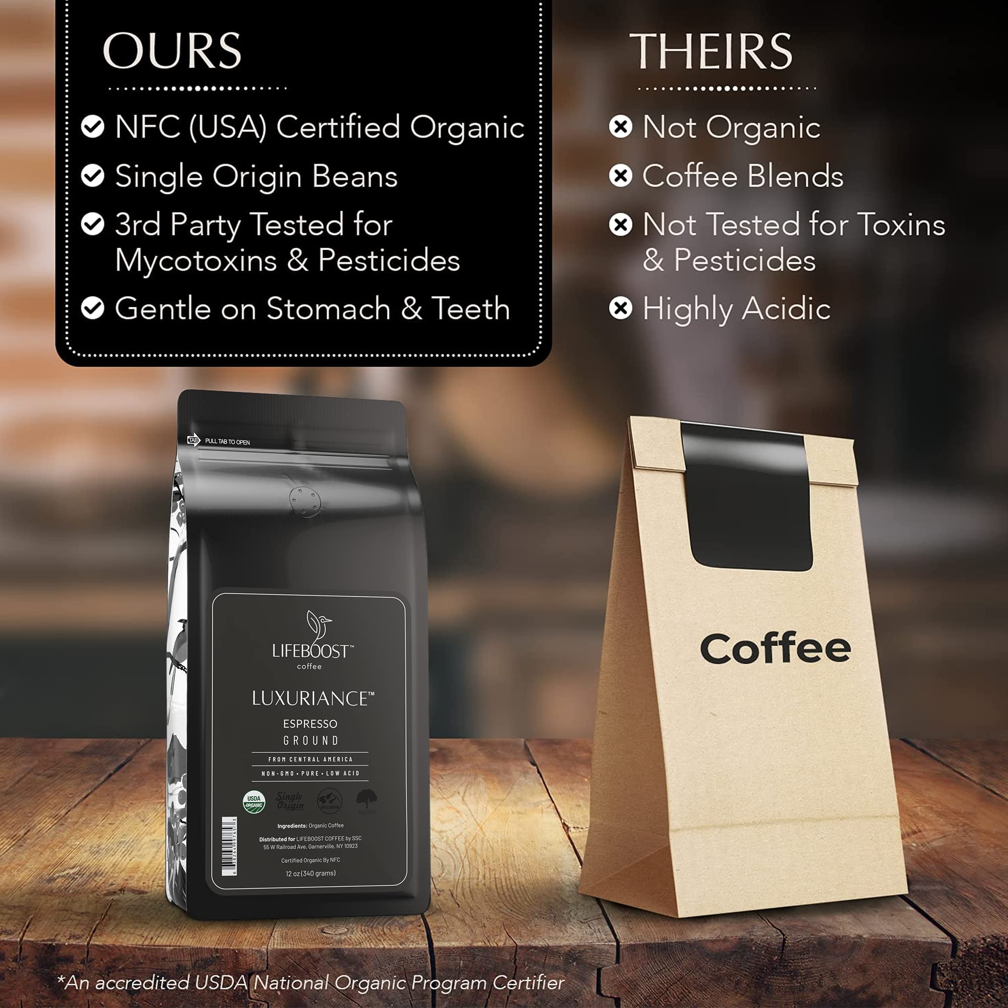 Lifeboost Organic Espresso Ground Coffee - Non-GMO Low Acid Single Origin USDA Shade Grown Organic Espresso Coffee - Third Party Tested For Mycotoxins & Pesticides 12oz Bag