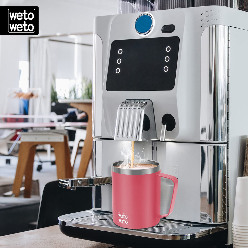 WETOWETO Coffee Mug with Handle, 14oz Insulated Stainless Steel Coffee Travel Mug, Double Wall Vacuum Reusable Coffee Cup with Lid, Powder Coated Rose Gold
