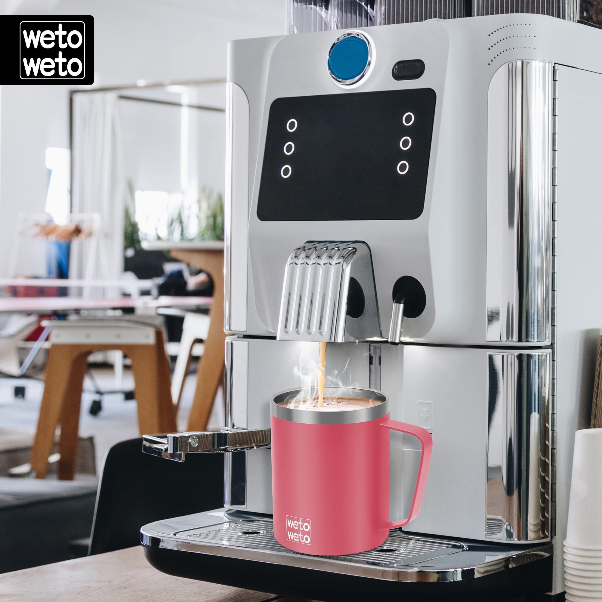WETOWETO Coffee Mug with Handle, 14oz Insulated Stainless Steel Coffee Travel Mug, Double Wall Vacuum Reusable Coffee Cup with Lid, Powder Coated Rose Gold