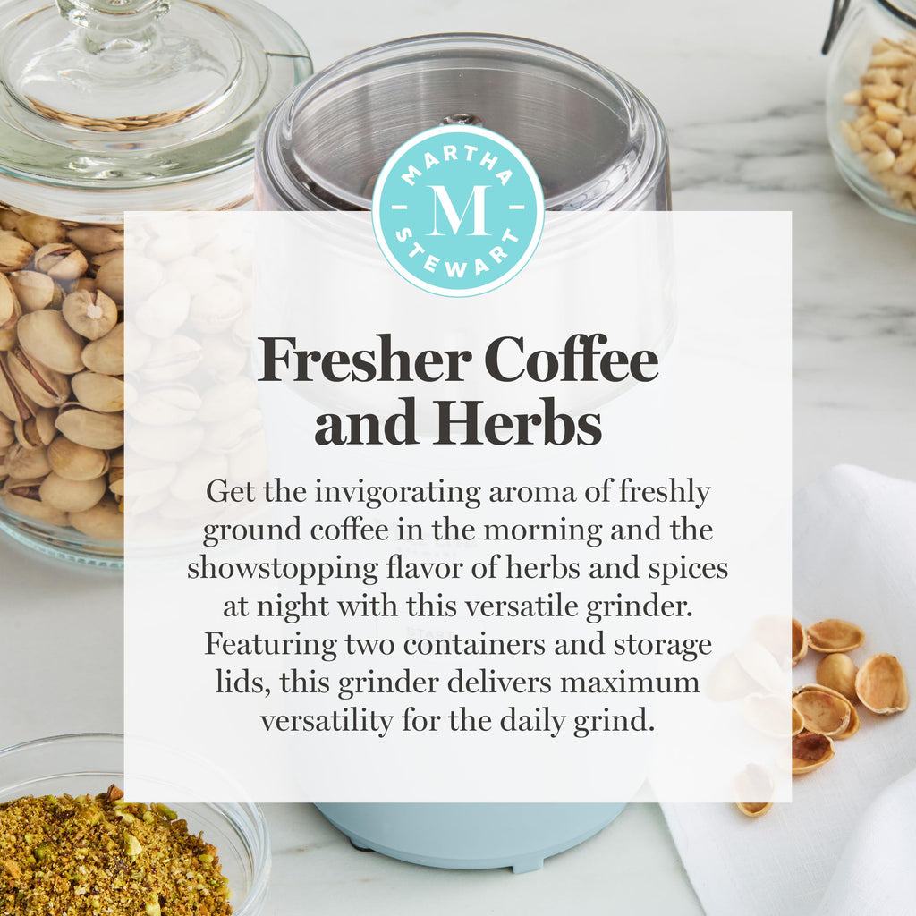 Martha Stewart Electric Coffee & Spice Grinder, Dual 2.5oz Removable Bowls, Storage Lids, Stainless Steel Blades, One Touch Pulse Control, 2-in-1 Compact, Beans & Spices, Herbs & Nuts, Honeydew Green