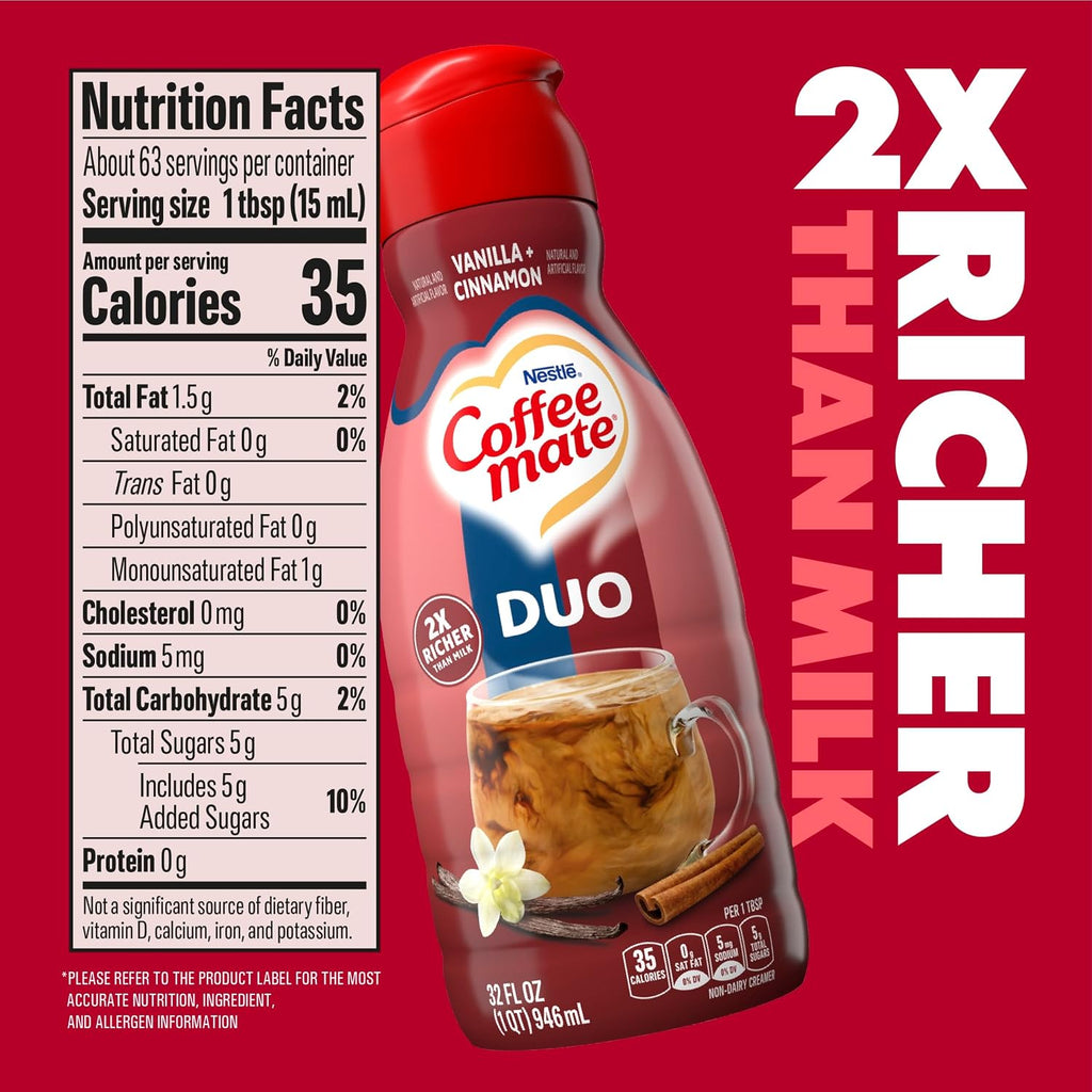 Coffee mate Cinnamon Vanilla Crème Flavored Coffee Creamer, Non-Dairy, Gluten-Free, Liquid Creamer for Coffee, Cholesterol Free, 63 Servings