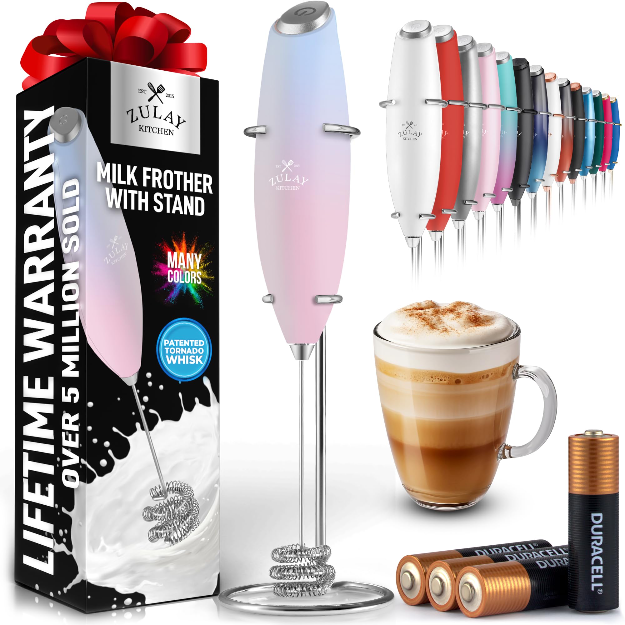 Zulay Kitchen Rechargeable Milk Frother Handheld - Frother Wand, Drink Mixer, Electric Whisk Frother, for Cappuccinos, Matcha & Protein Powder - Lux 4 Whisk 2 Speed Waterproof 2000mAh Alpha Black