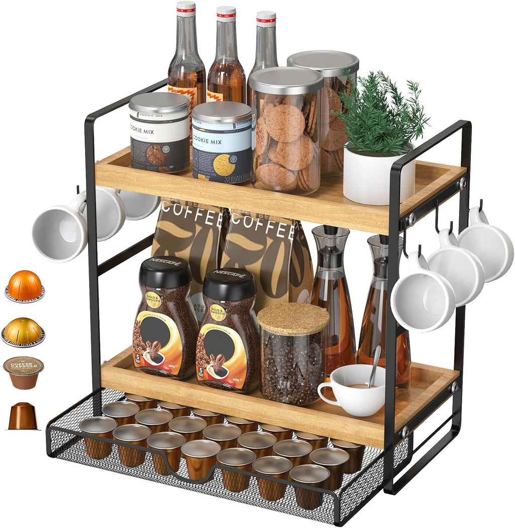 LEMIKKLE Coffee Station Organizer with Pod Holder and Drawer, Kitchen Countertop Organizer, Coffee Bar Accessories Station with Coffee Pod Storage, 2-Tier Wood Coffee Organizer With 6 Hooks