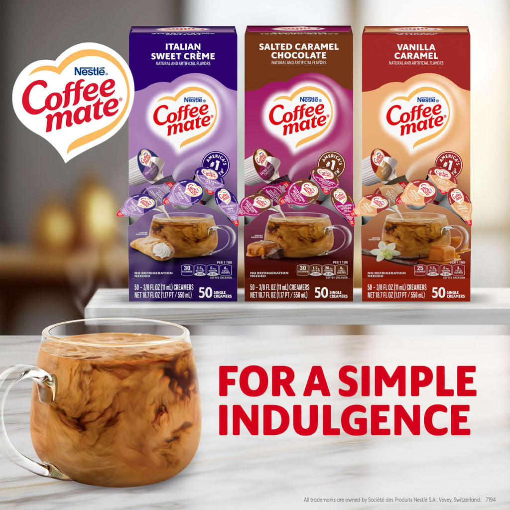 Nestle Coffee mate Creamer Singles Variety Pack, Italian Sweet Creme, Salted Caramel Chocolate, Vanilla Caramel Non Dairy, No Refrigeration, 0.375 fl oz Tubs, 150 Count (Pack of 50 Per Flavor)