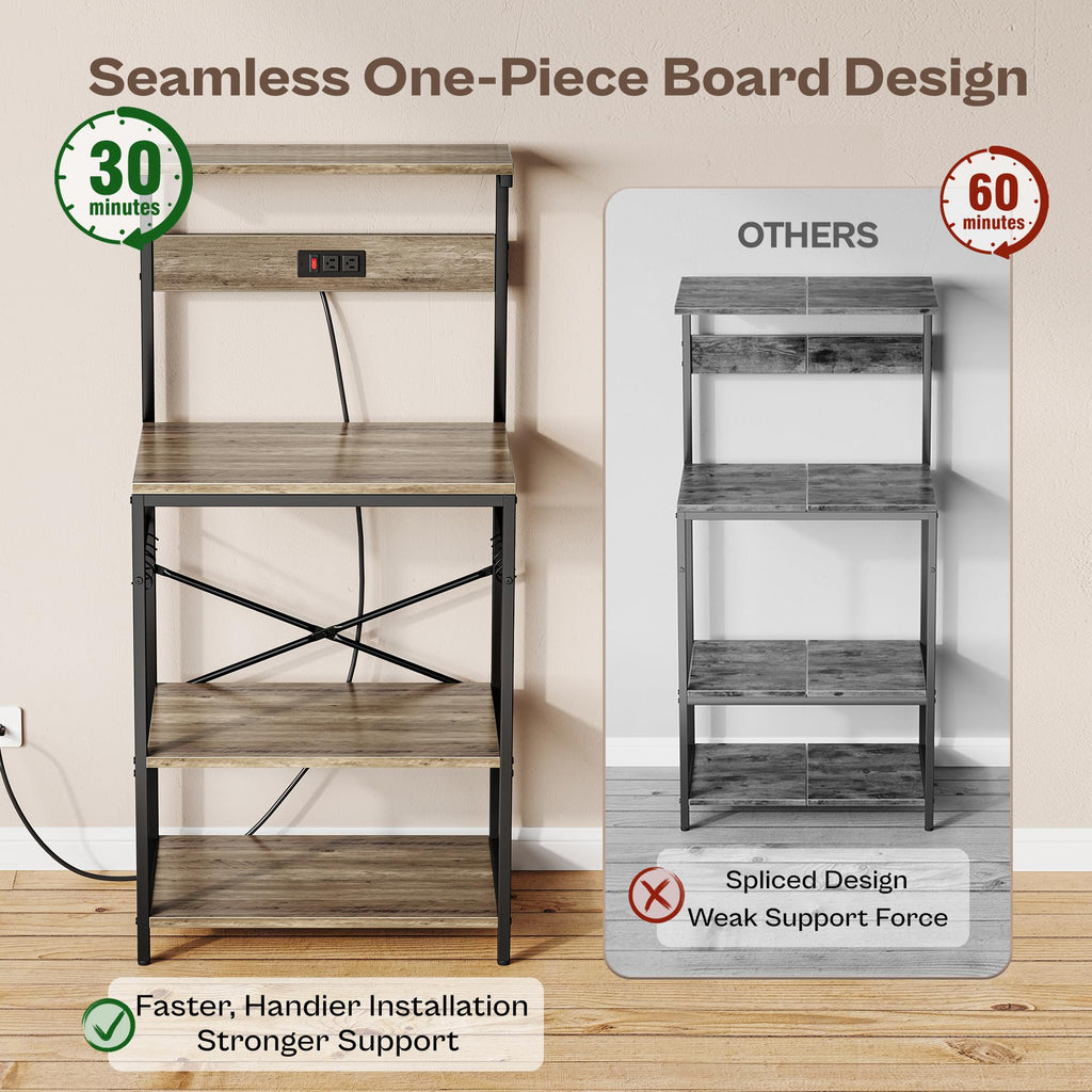 SUPERJARE Kitchen Bakers Rack with Power Outlet, Coffee Bar Table 4 Tiers, Kitchen Microwave Stand with 6 S-shaped Hooks, Storage Shelf Rack for Spices, Pots and Pans - Rustic Brown