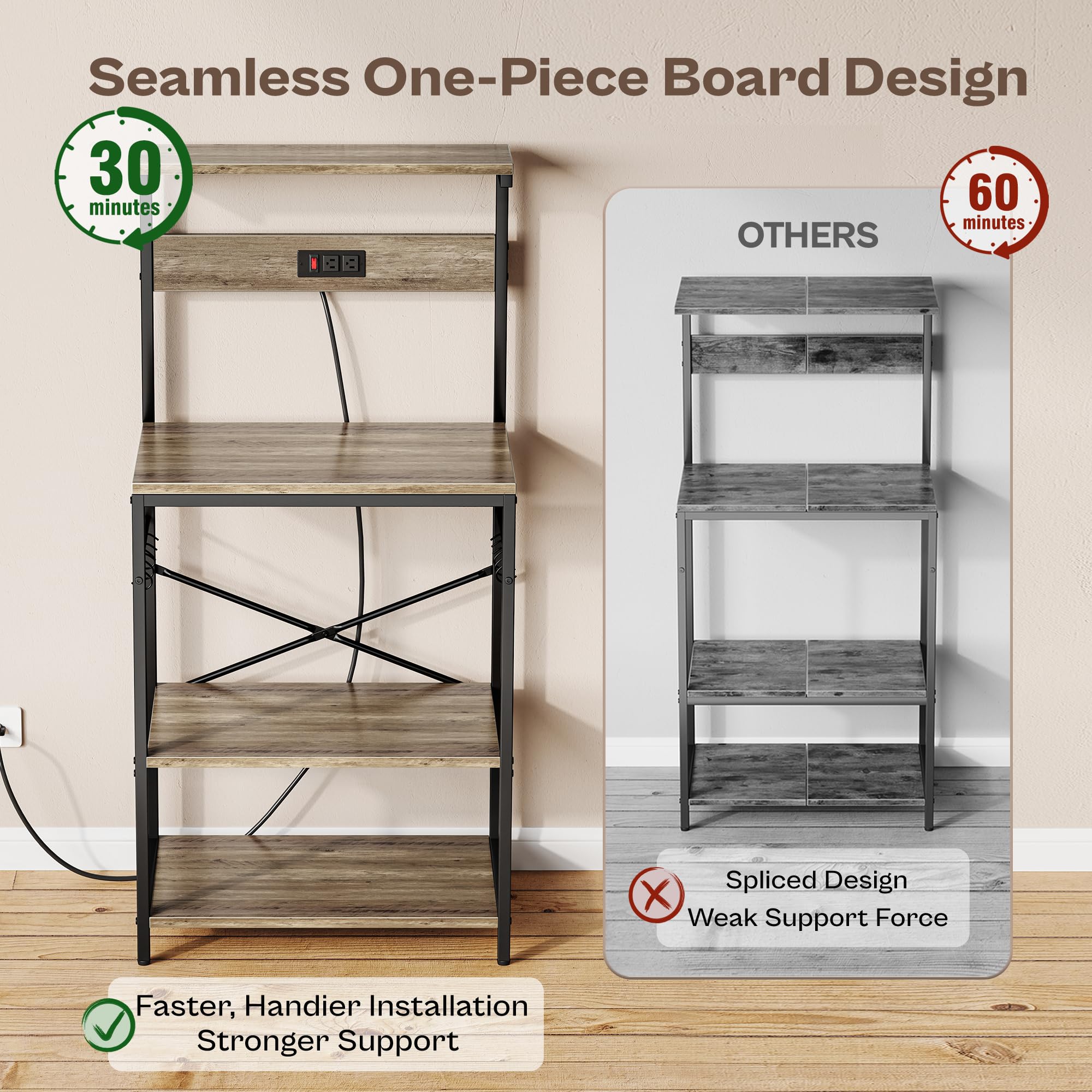SUPERJARE Kitchen Bakers Rack with Power Outlet, Coffee Bar Table 4 Tiers, Kitchen Microwave Stand with 6 S-shaped Hooks, Storage Shelf Rack for Spices, Pots and Pans - Rustic Brown