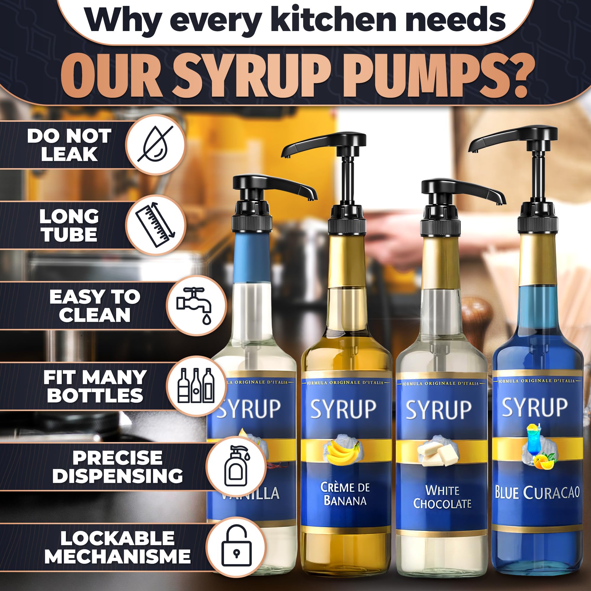 4 Pcs Coffee Syrup Pump Dispenser - Works as Skinny and Torani Syrup Pump - Fits Various 25.4 oz Bottles, Precise Dispensing 0.3oz & Lockable Design, Easy to Use & Clean, Ideal for Liquids