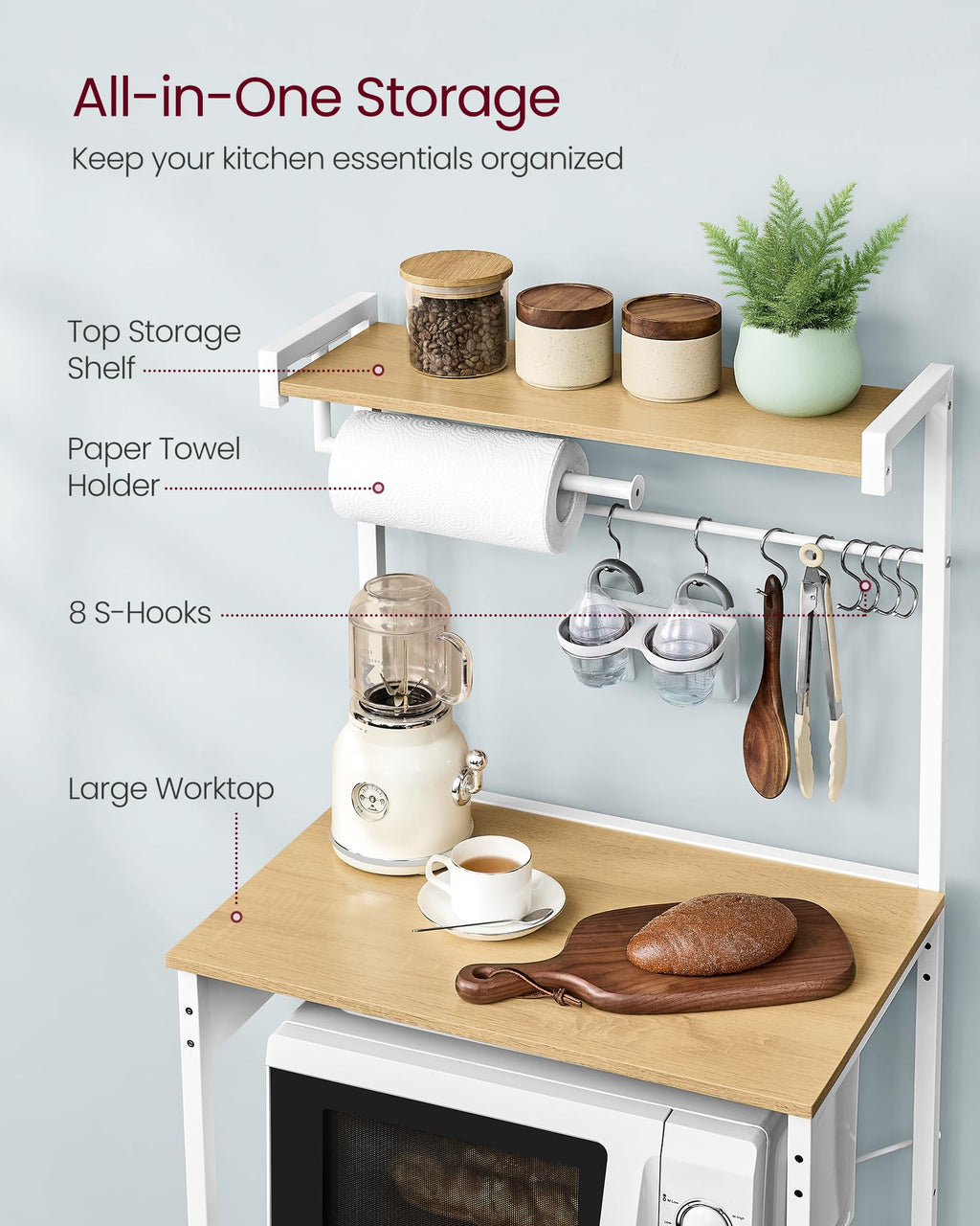 VASAGLE BARNET Collection - Kitchen Bakers Rack with Power Outlet, 31.5-Inch Wide Coffee Bar 4-Tier with 8 S Hooks, Modern Microwave Stand, Adjustable Shelf, Rustic Brown and Ink Black UKKS029KD01