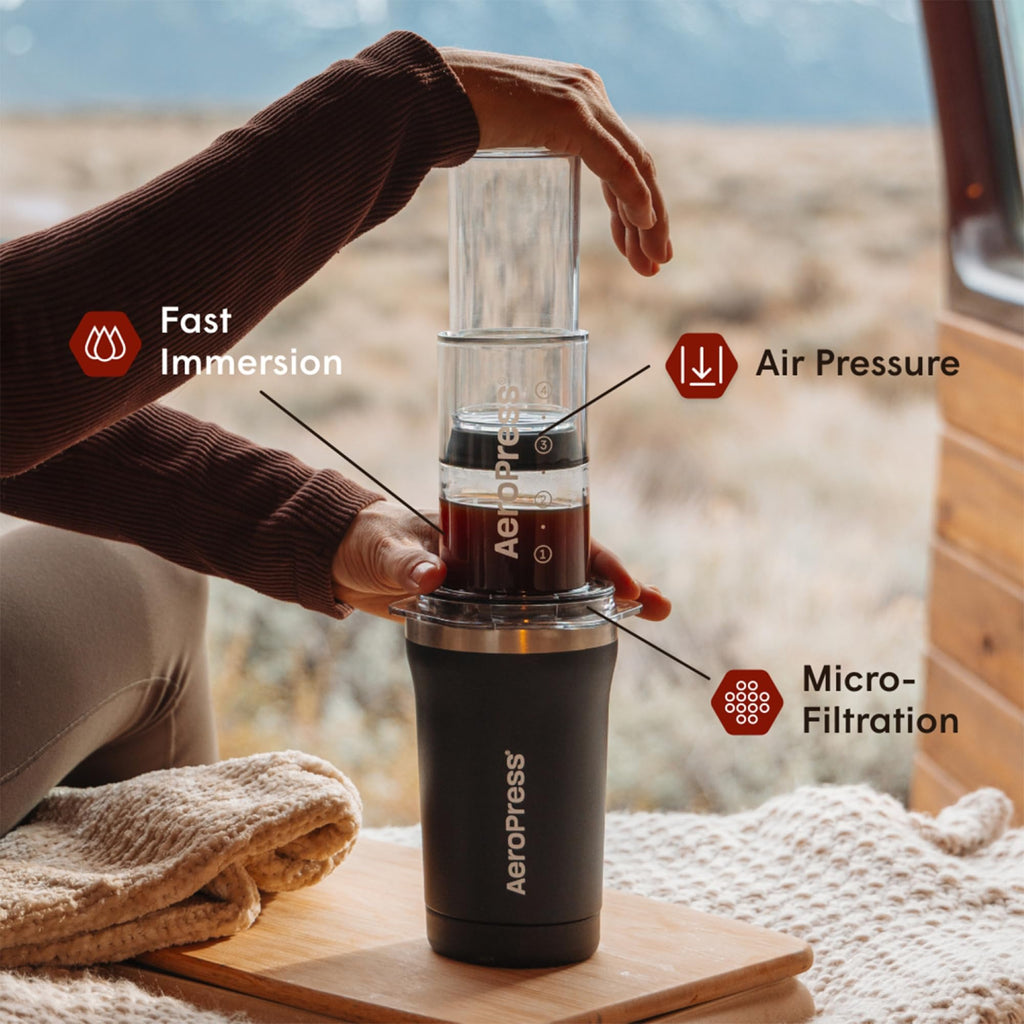 AeroPress Go, Extra Small Portable Coffee Maker Kit, Travel, Hiking & Camping, All-in-One French Press, Pour-Over & Espresso Style Manual Brewer, 2 Min Brew Makes a Less Bitter, More Flavorful Cup