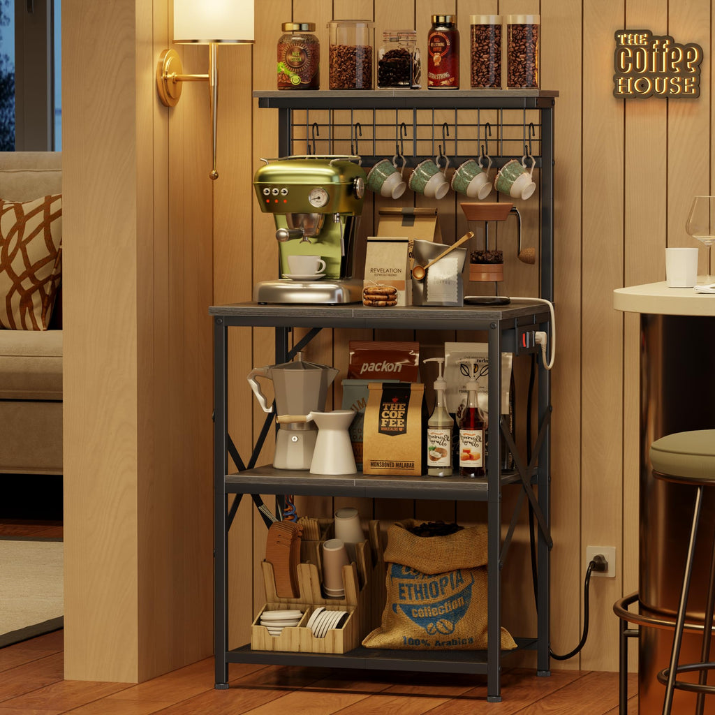 Furologee Kitchen Bakers Rack with Power Outlet, Microwave Oven Stand with Storage 4 Tiers, Coffee Bar Table with 6 S Hooks, Kitchen Storage Shelf Rack for Spices, Pots, Rustic Brown