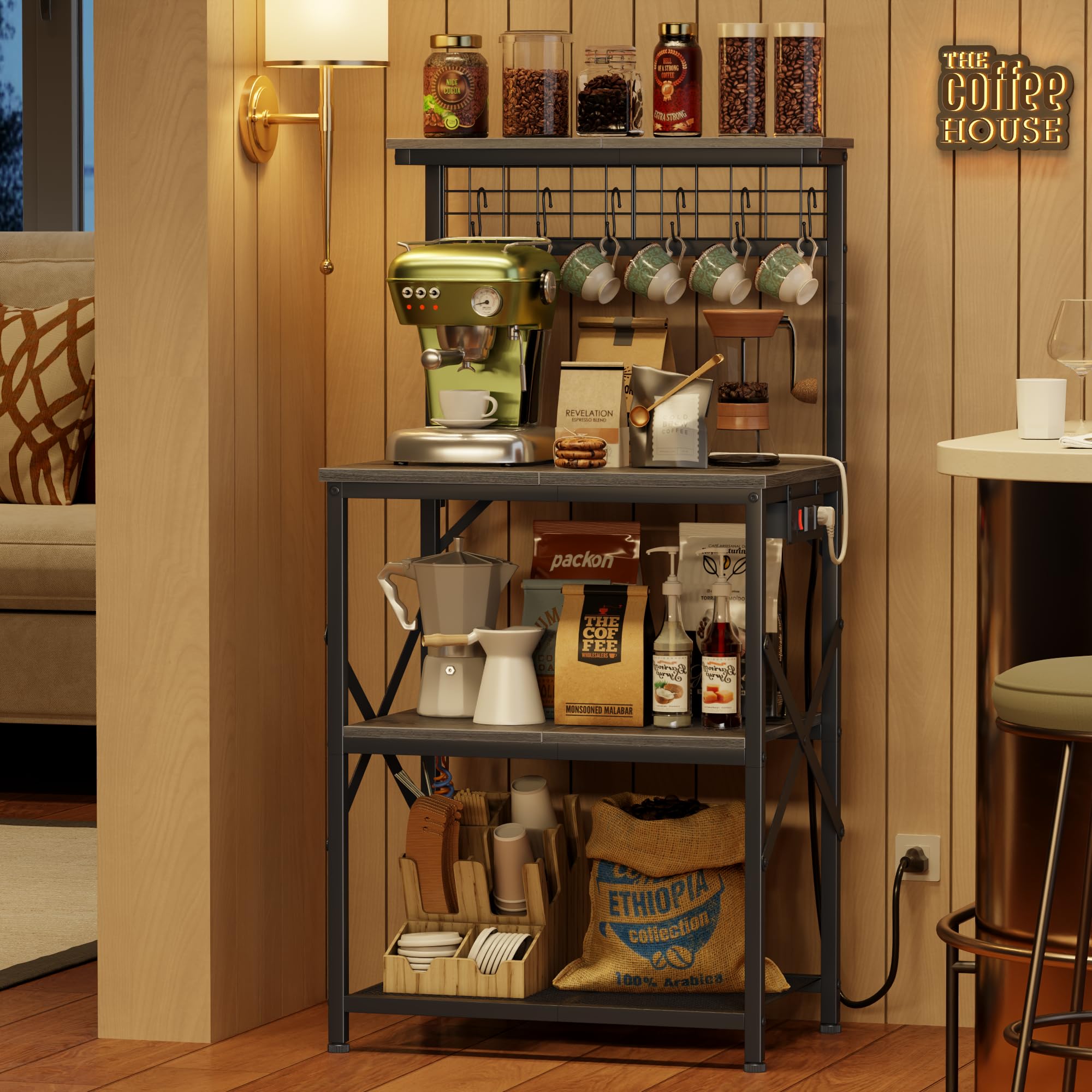 Furologee Kitchen Bakers Rack with Power Outlet, Microwave Oven Stand with Storage 4 Tiers, Coffee Bar Table with 6 S Hooks, Kitchen Storage Shelf Rack for Spices, Pots, Rustic Brown