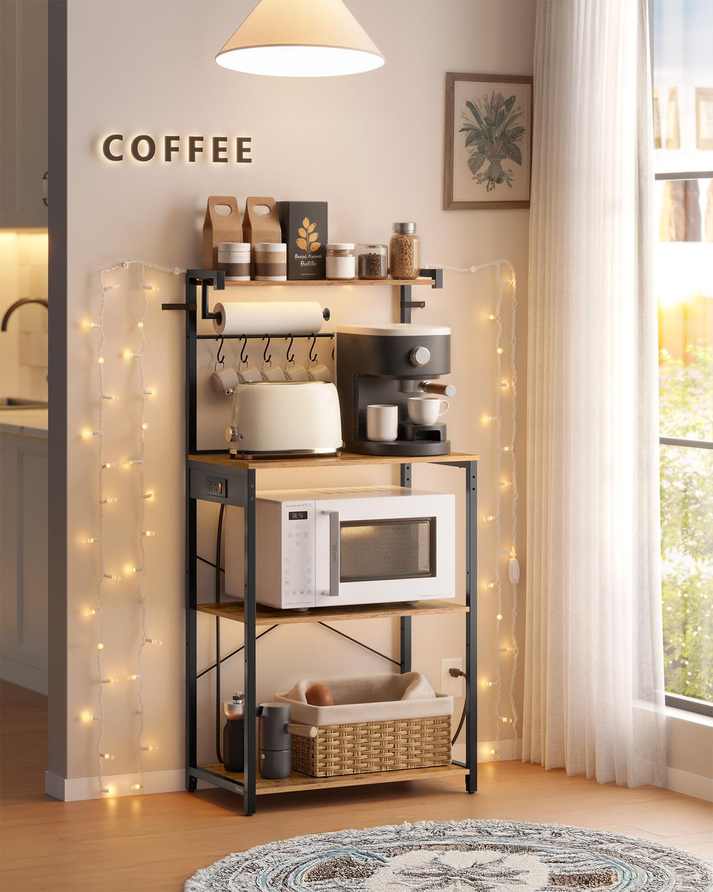 VASAGLE BARNET Collection - Kitchen Bakers Rack with Power Outlet, 31.5-Inch Wide Coffee Bar 4-Tier with 8 S Hooks, Modern Microwave Stand, Adjustable Shelf, Rustic Brown and Ink Black UKKS029KD01