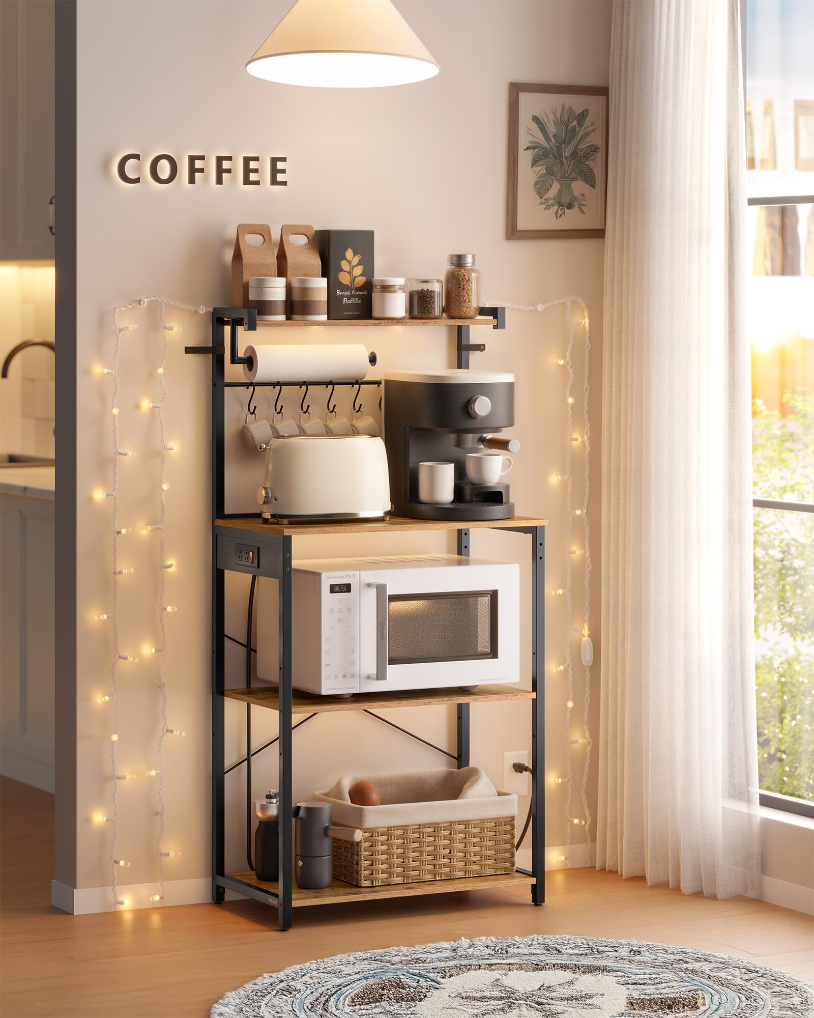 VASAGLE BARNET Collection - Kitchen Bakers Rack with Power Outlet, 31.5-Inch Wide Coffee Bar 4-Tier with 8 S Hooks, Modern Microwave Stand, Adjustable Shelf, Rustic Brown and Ink Black UKKS029KD01