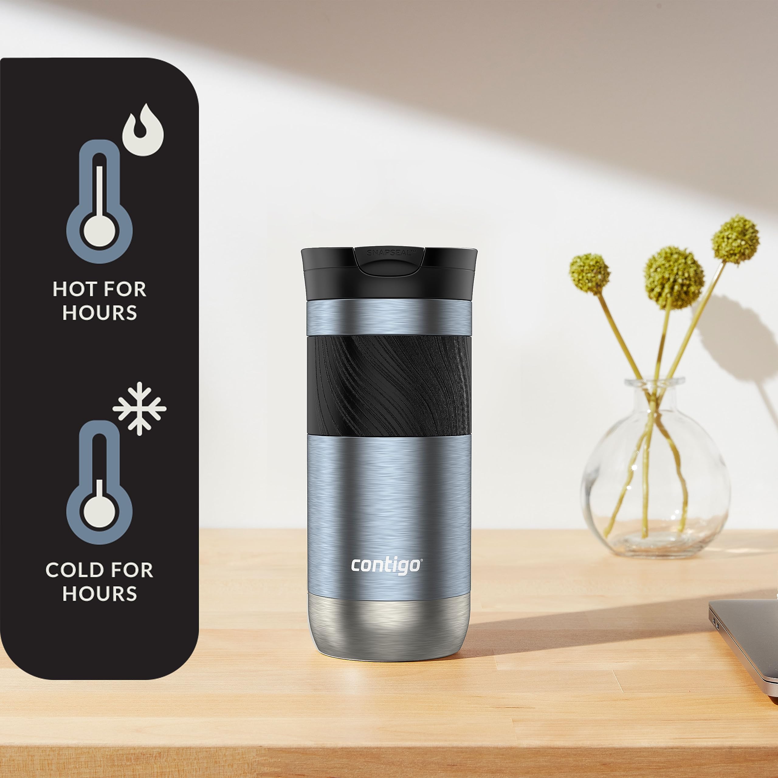 Contigo Byron Vacuum-Insulated Stainless Steel Travel Mug with Leak-Proof Lid Reusable Coffee Mug or Water Bottle BPA-Free 16oz Licorice Keeps Beverages Hot for 6 Hours or Cold for 12 Hours