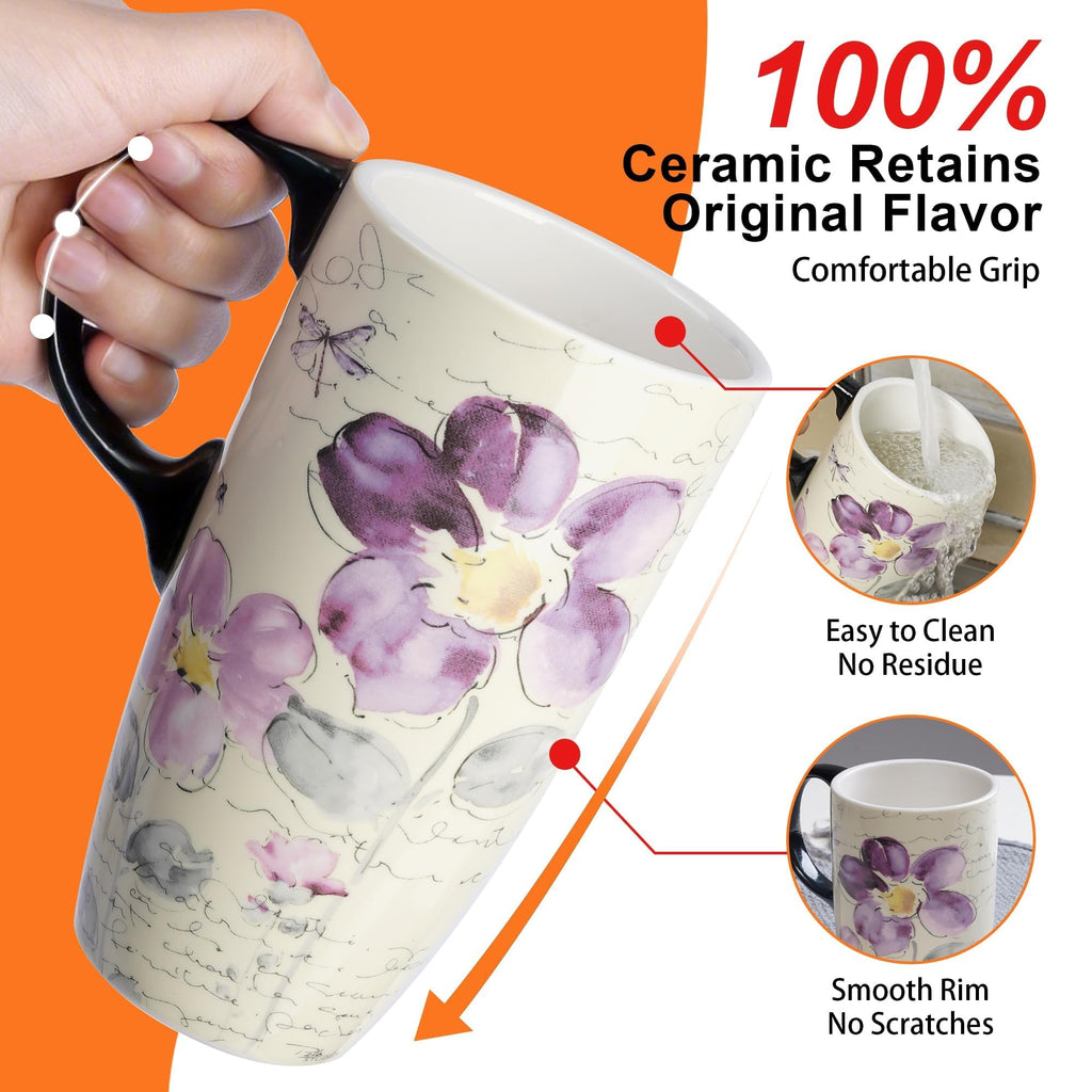 Topadorn 17oz Ceramic Travel Mug with Lid, Tall Ceramic Coffee Mug with Handle, Purple Floral Coffee Cup with Gift Box
