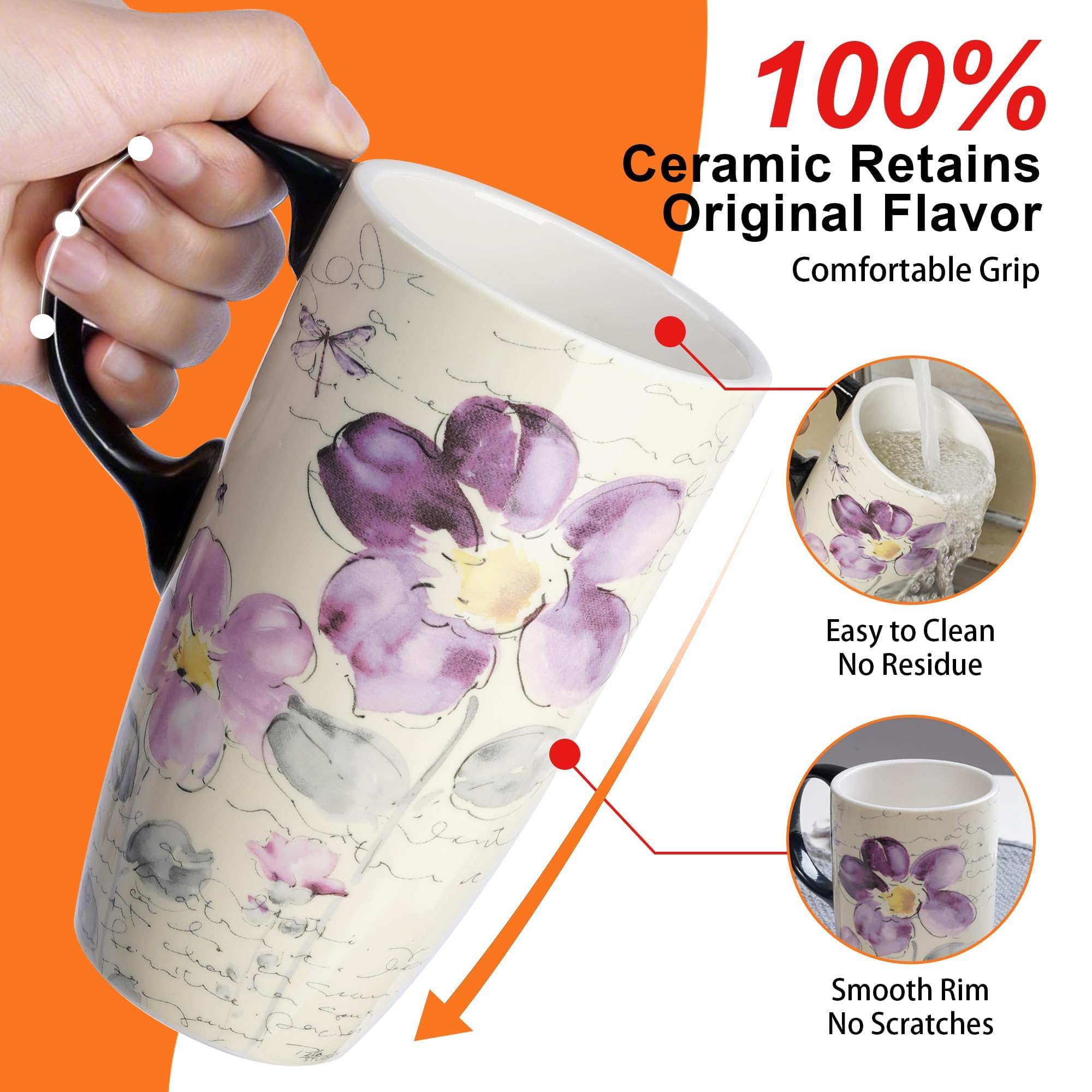Topadorn 17oz Ceramic Travel Mug with Lid, Tall Ceramic Coffee Mug with Handle, Purple Floral Coffee Cup with Gift Box
