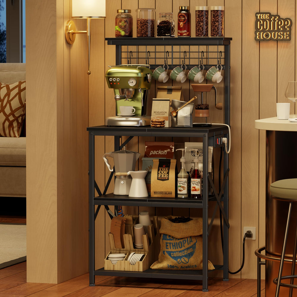Furologee Kitchen Bakers Rack with Power Outlet, Microwave Oven Stand with Storage 4 Tiers, Coffee Bar Table with 6 S Hooks, Kitchen Storage Shelf Rack for Spices, Pots, Rustic Brown