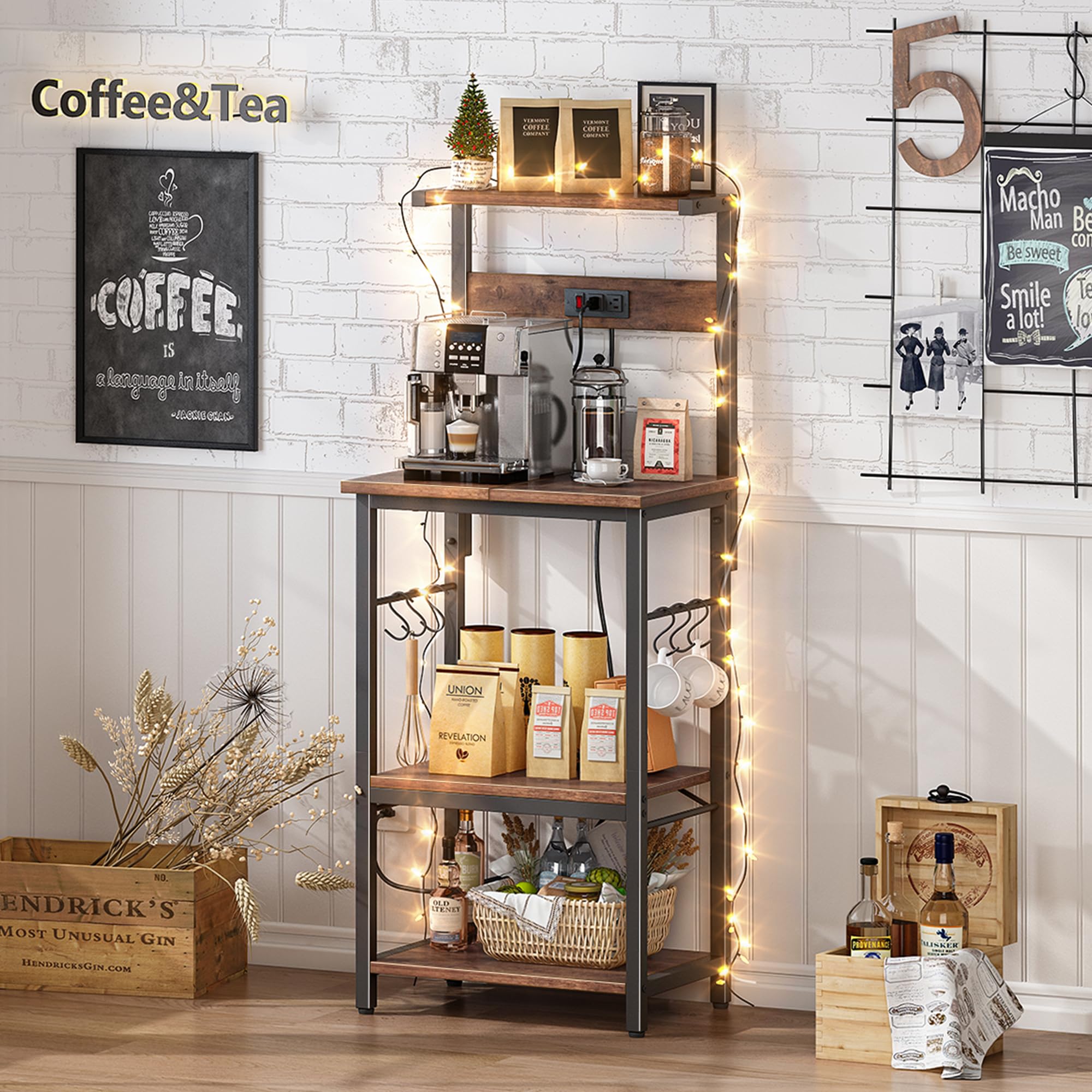 SUPERJARE Kitchen Bakers Rack with Power Outlet, Coffee Bar Table 4 Tiers, Kitchen Microwave Stand with 6 S-shaped Hooks, Storage Shelf Rack for Spices, Pots and Pans - Rustic Brown