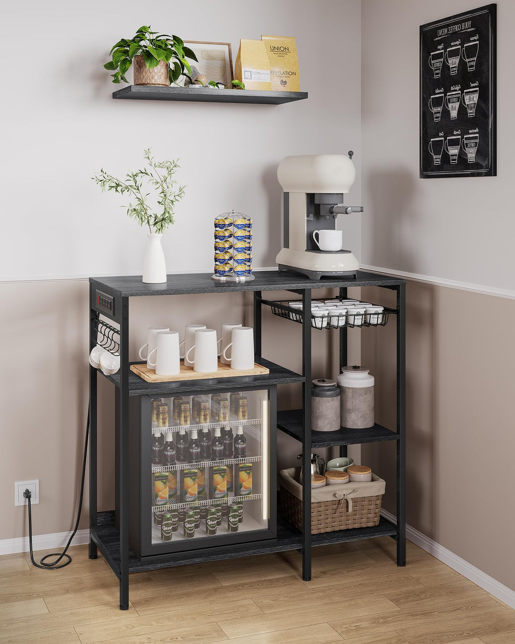VASAGLE Baker's Rack, Coffee Bar Stand with Charging Station, 35.6 Inches Tall, Storage Shelves, Pull-Out Wire Basket, Table for Microwave, Kitchen, Rustic Brown and Ink Black UKKS036K01