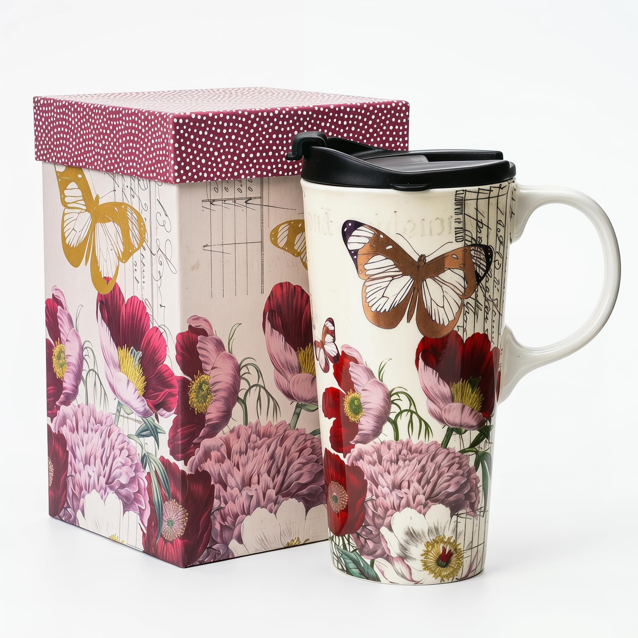 Topadorn 17oz Ceramic Travel Mug with Lid, Tall Ceramic Coffee Mug with Handle, Purple Floral Coffee Cup with Gift Box