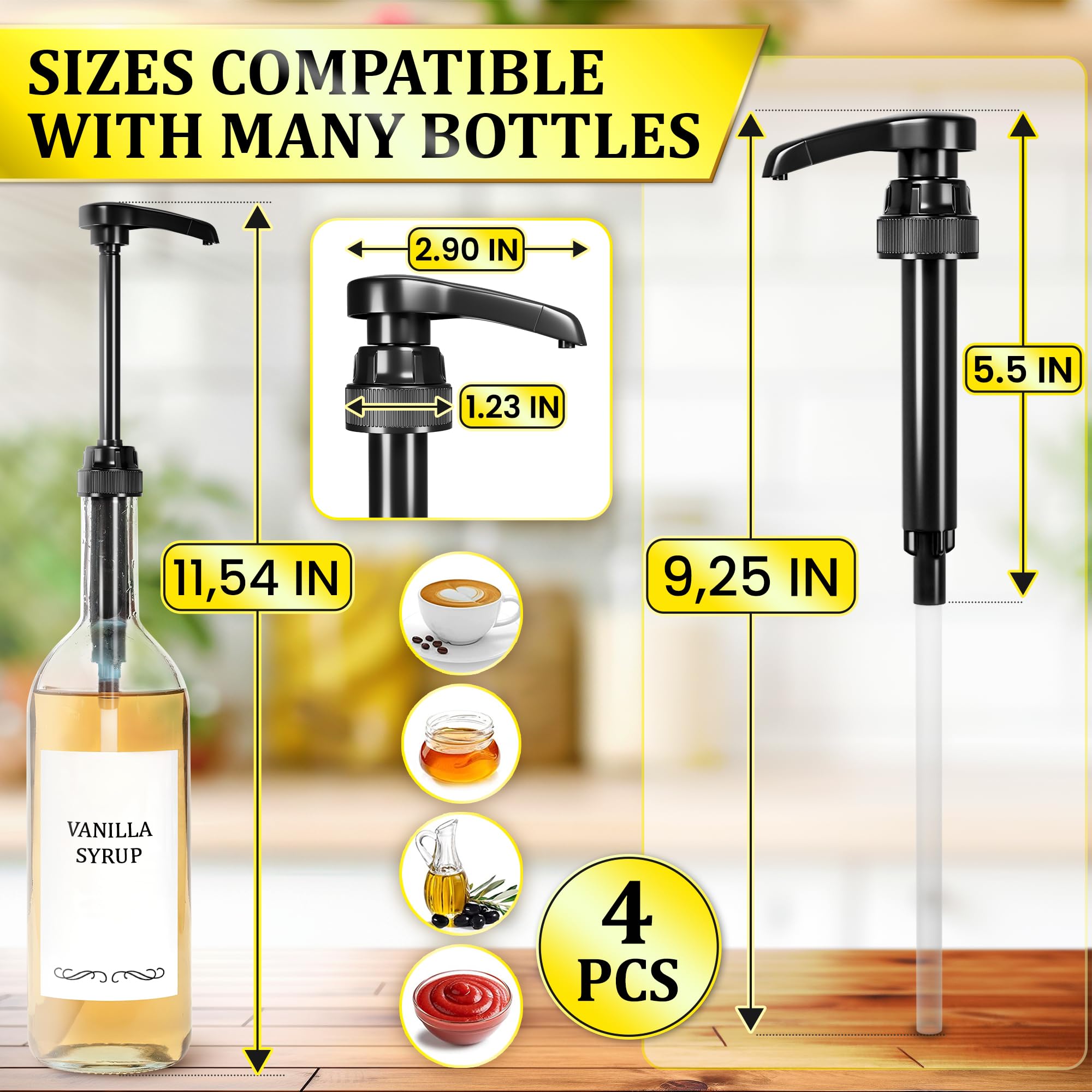 4 Pcs Coffee Syrup Pump Dispenser - Works as Skinny and Torani Syrup Pump - Fits Various 25.4 oz Bottles, Precise Dispensing 0.3oz & Lockable Design, Easy to Use & Clean, Ideal for Liquids