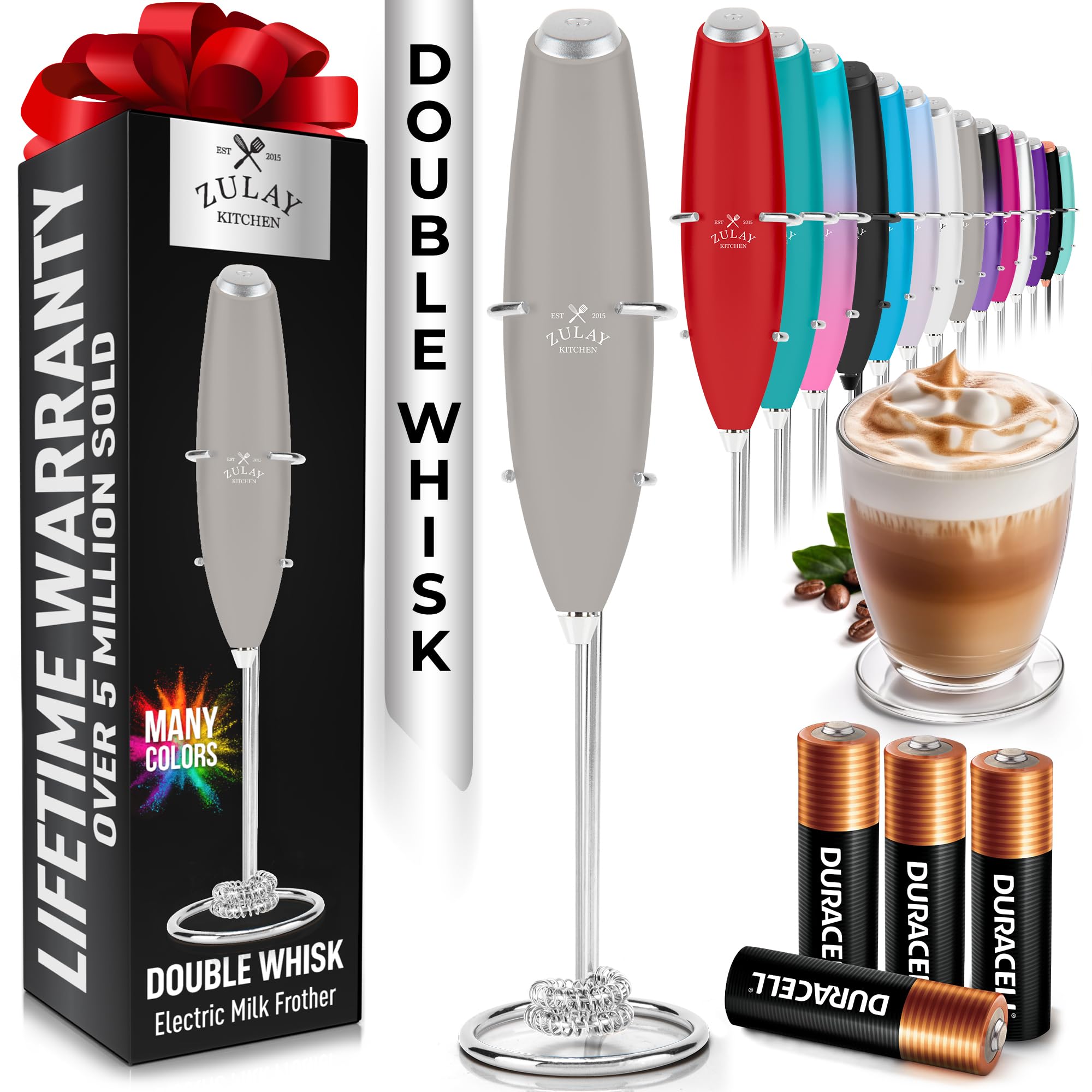 Zulay Kitchen Rechargeable Milk Frother Handheld - Frother Wand, Drink Mixer, Electric Whisk Frother, for Cappuccinos, Matcha & Protein Powder - Lux 4 Whisk 2 Speed Waterproof 2000mAh Alpha Black