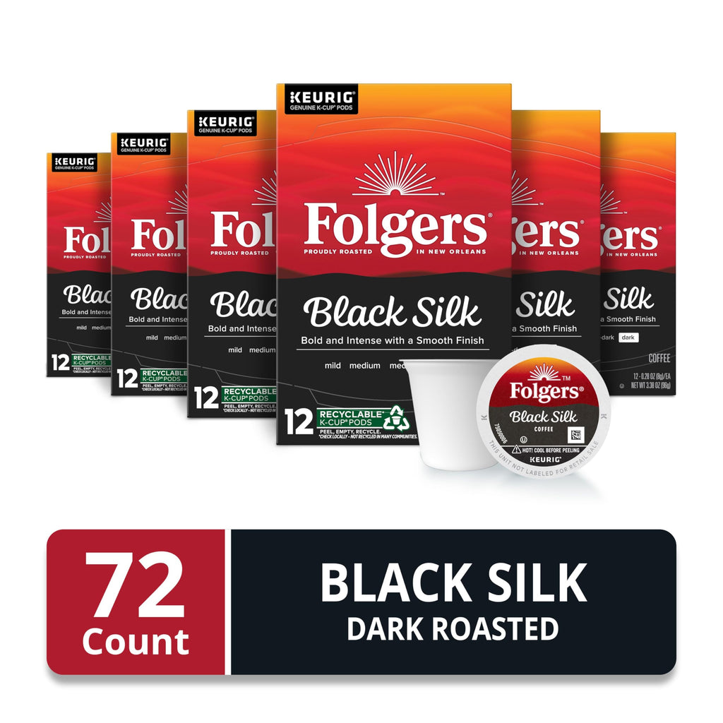 Folgers Black Silk, Dark Roast Coffee, Keurig K-Cup Pods, 12-Count Boxes (Pack of 6)
