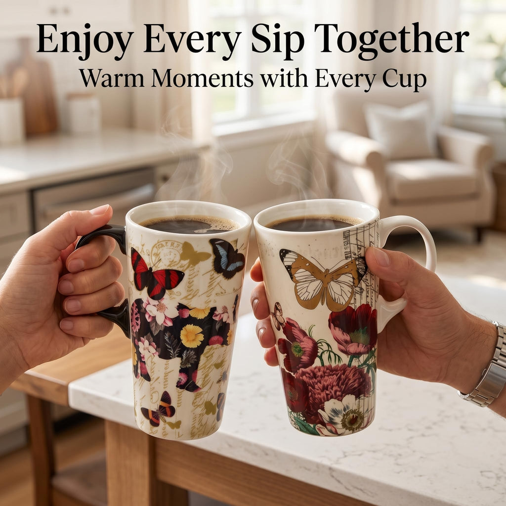 Topadorn 17oz Ceramic Travel Mug with Lid, Tall Ceramic Coffee Mug with Handle, Purple Floral Coffee Cup with Gift Box