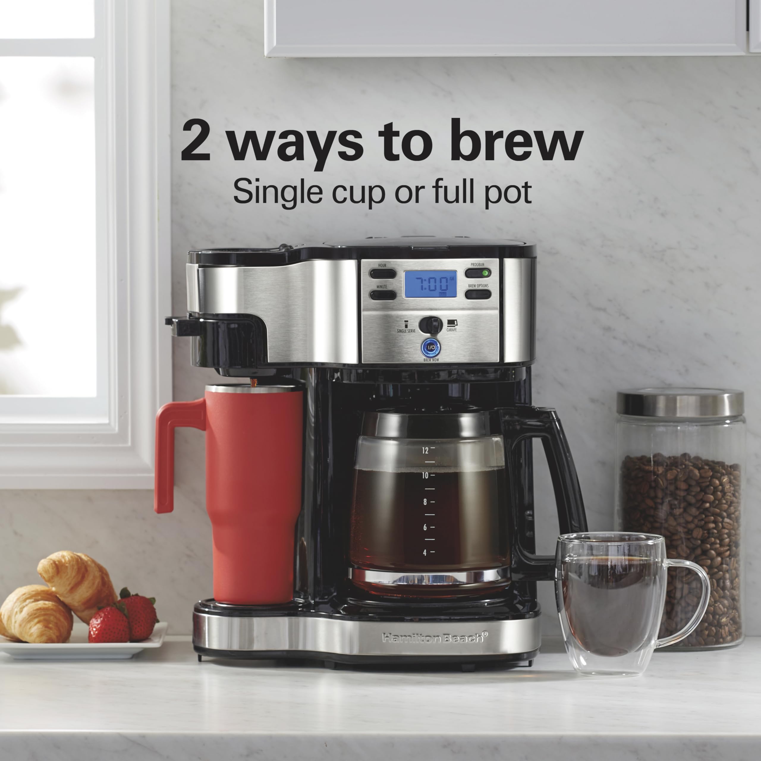 Hamilton Beach 2-Way Programmable Coffee Maker, 12 Cup Glass Carafe And Single Serve Coffee Maker, Black with Stainless Steel Accents, 49980RG