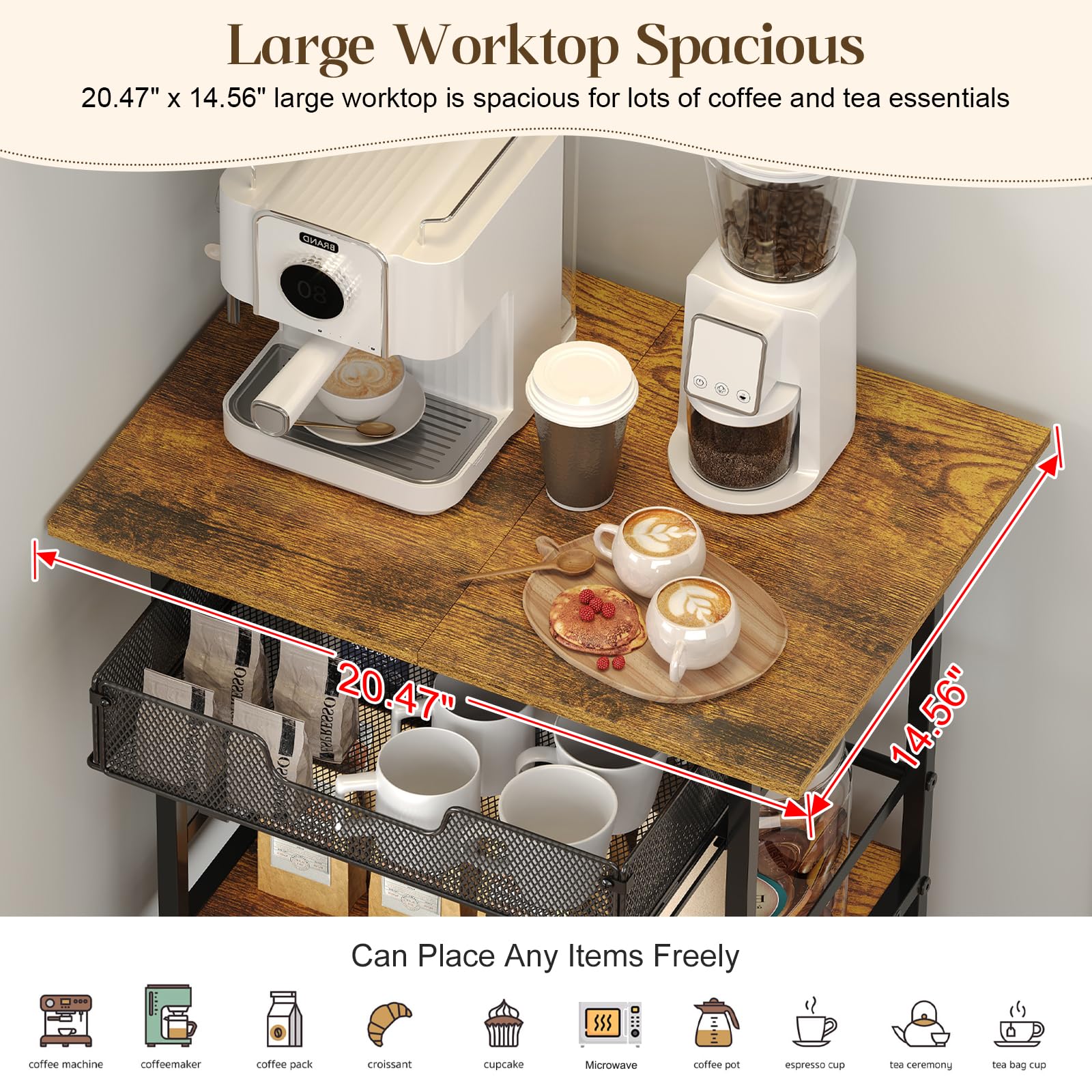 Hencawima Coffee Bar Cabinet, 3 Tier Coffee Station Table on Wheels, 35.9" H Bar Cart with Wire Basket Drawer & 5 Hooks for Home Kitchen, Liquor Buffet Sideboard Cabinet (Rustic Brown)