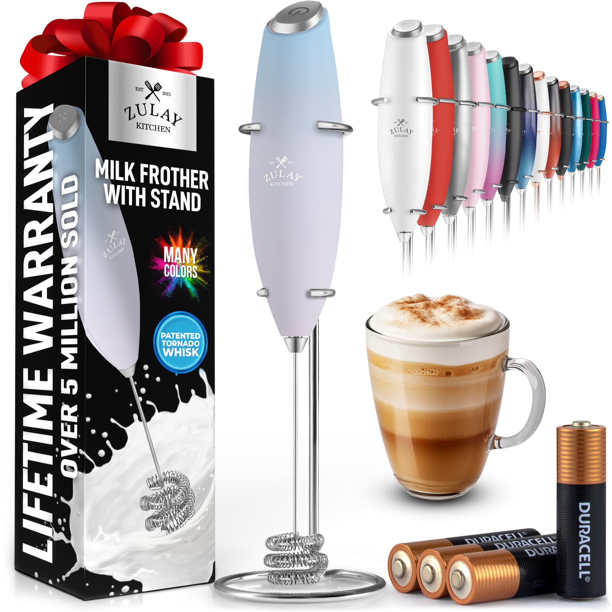 Zulay Kitchen Rechargeable Milk Frother Handheld - Frother Wand, Drink Mixer, Electric Whisk Frother, for Cappuccinos, Matcha & Protein Powder - Lux 4 Whisk 2 Speed Waterproof 2000mAh Alpha Black