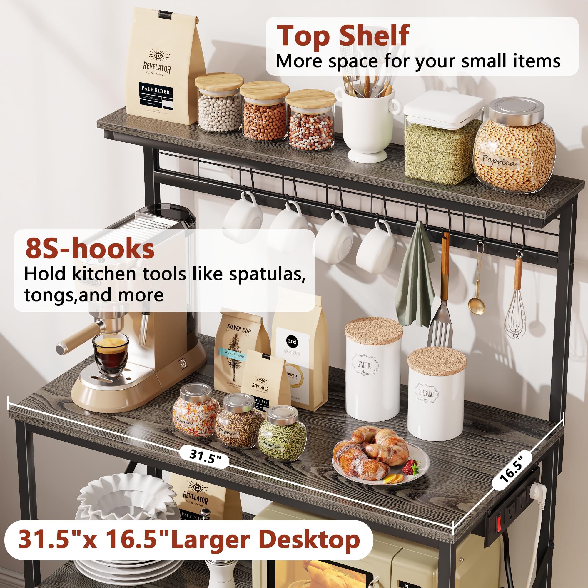 Furologee Kitchen Bakers Rack with Power Outlet, Microwave Oven Stand with Storage 4 Tiers, Coffee Bar Table with 6 S Hooks, Kitchen Storage Shelf Rack for Spices, Pots, Rustic Brown