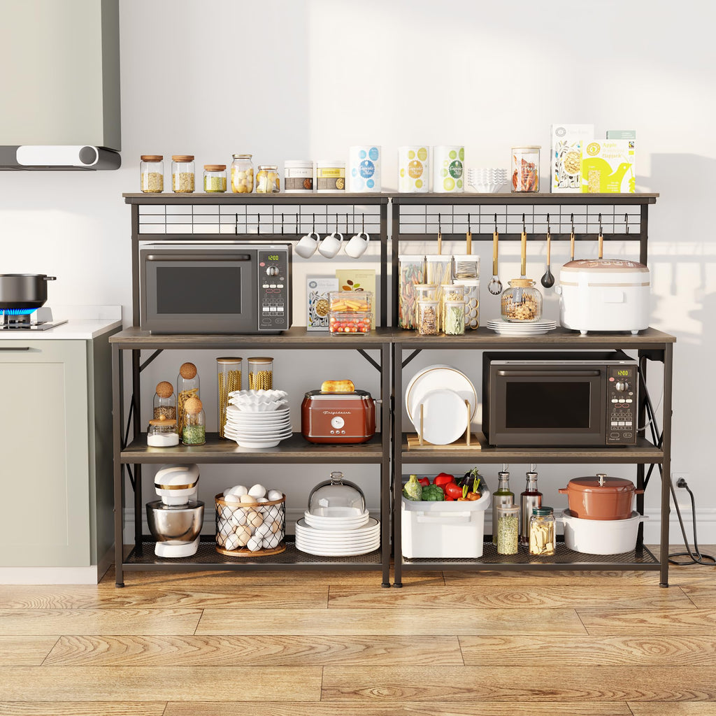 Furologee Kitchen Bakers Rack with Power Outlet, Microwave Oven Stand with Storage 4 Tiers, Coffee Bar Table with 6 S Hooks, Kitchen Storage Shelf Rack for Spices, Pots, Rustic Brown
