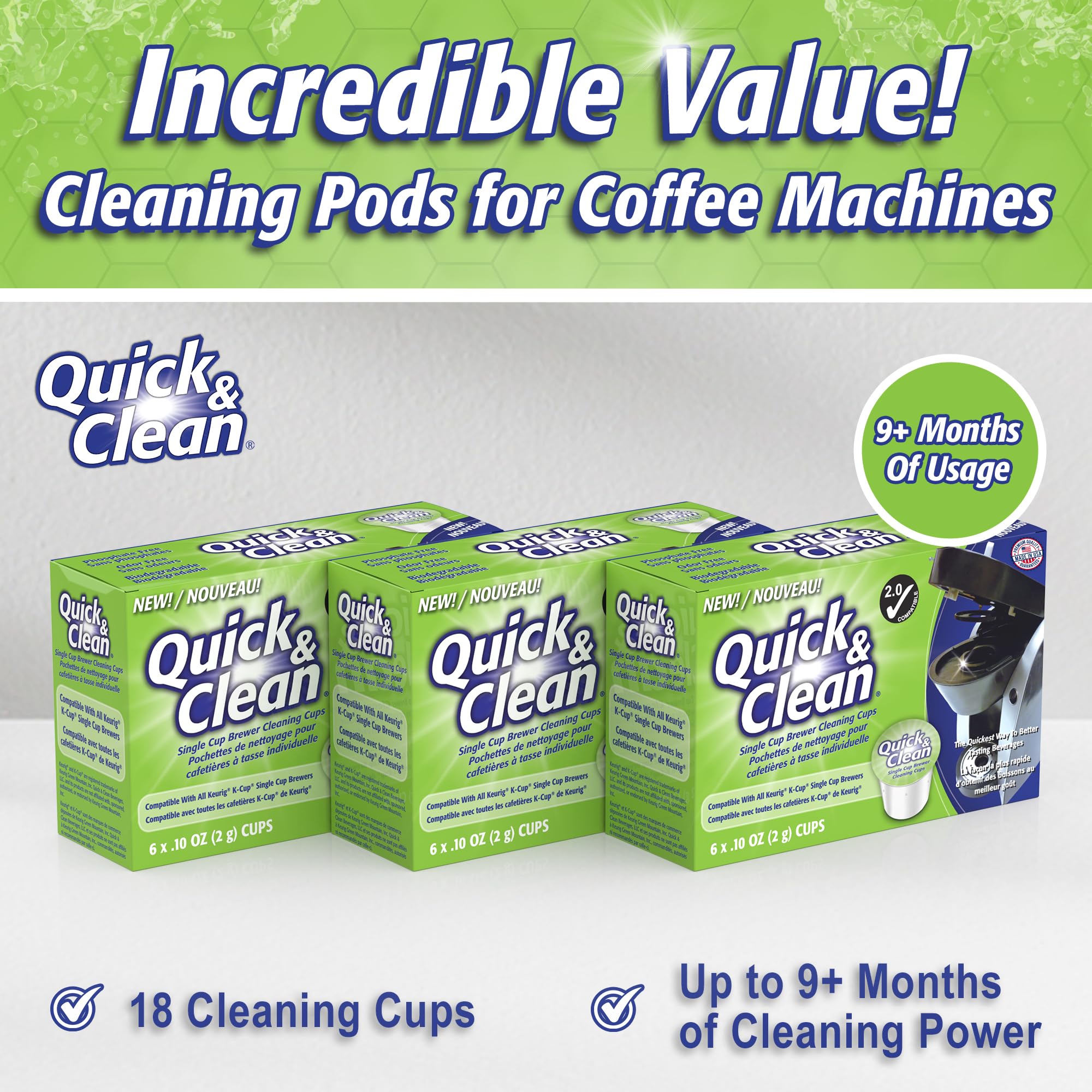 Quick & Clean [6-Pack] Keurig Cleaning Pods - K Cup Cleaner Pod For Keurig - 2.0 Coffee Machine Compatible, Removes Stains, Non-Toxic and Eco-Friendly