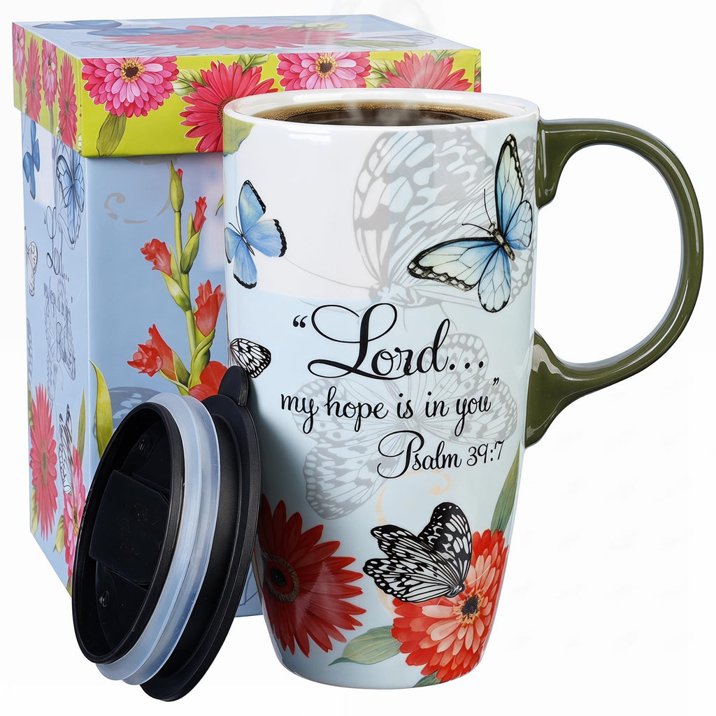 Topadorn 17oz Ceramic Travel Mug with Lid, Tall Ceramic Coffee Mug with Handle, Purple Floral Coffee Cup with Gift Box