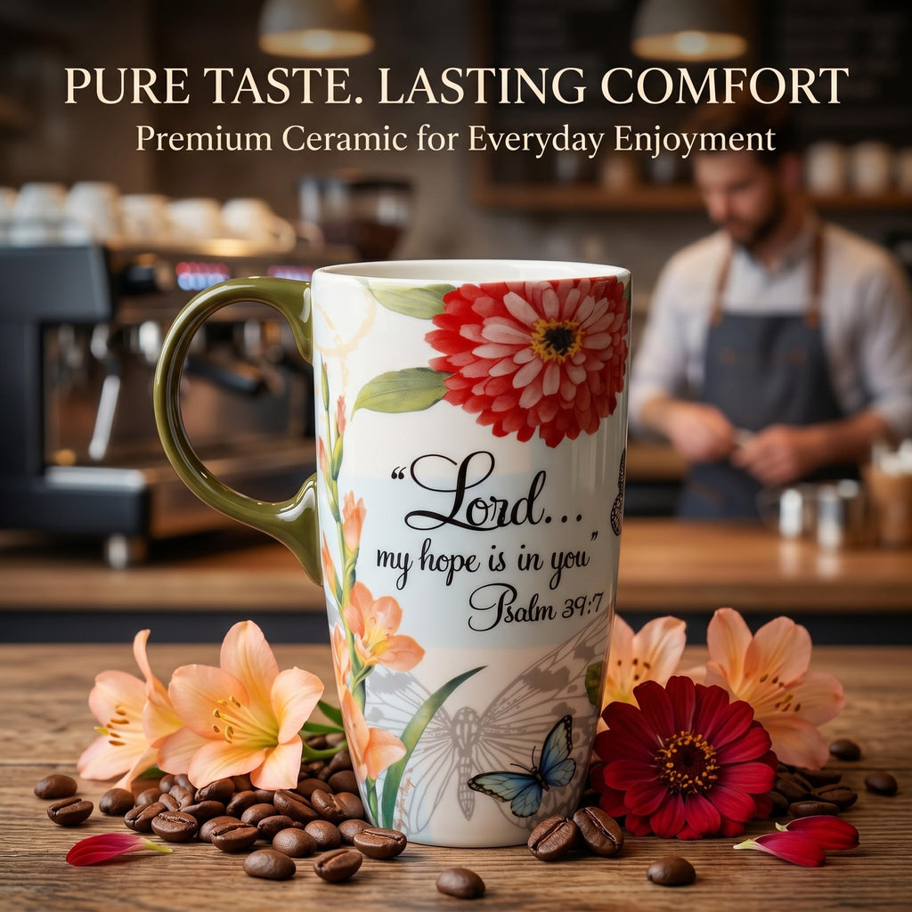 Topadorn 17oz Ceramic Travel Mug with Lid, Tall Ceramic Coffee Mug with Handle, Purple Floral Coffee Cup with Gift Box