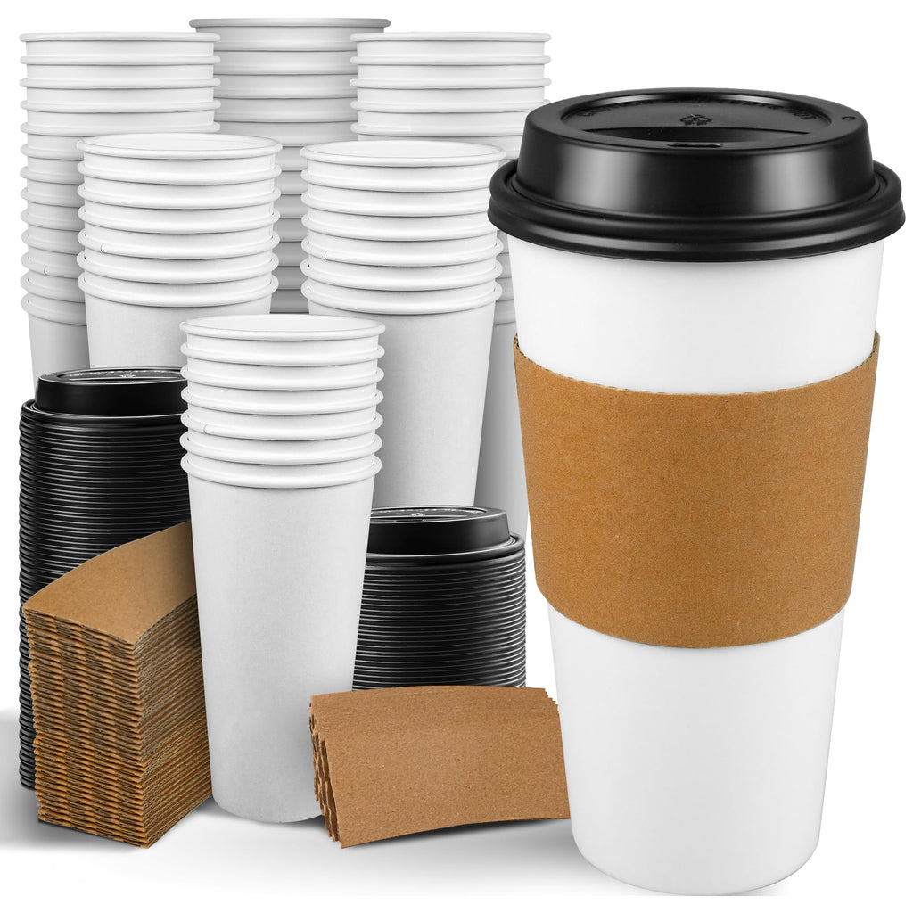 Ginkgo [100 Pack 16 oz Disposable Coffee Cups with Lids and Sleeves - To Go Coffee Cups for Hot Drinks, Chocolate, Cocoa and Coffee Bar