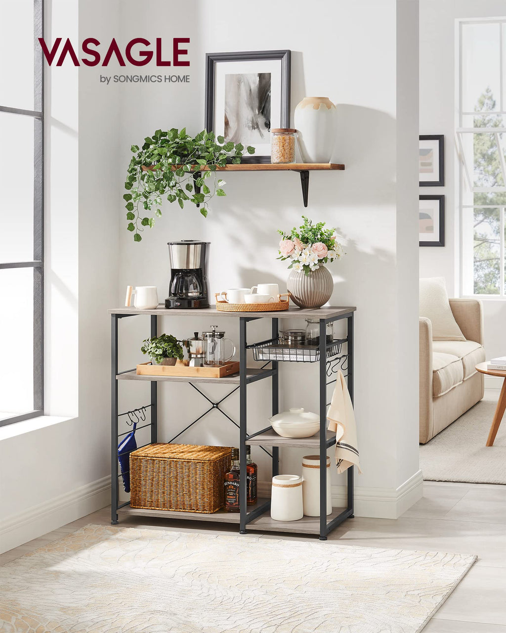 VASAGLE Baker's Rack, Coffee Bar Stand with Charging Station, 35.6 Inches Tall, Storage Shelves, Pull-Out Wire Basket, Table for Microwave, Kitchen, Rustic Brown and Ink Black UKKS036K01