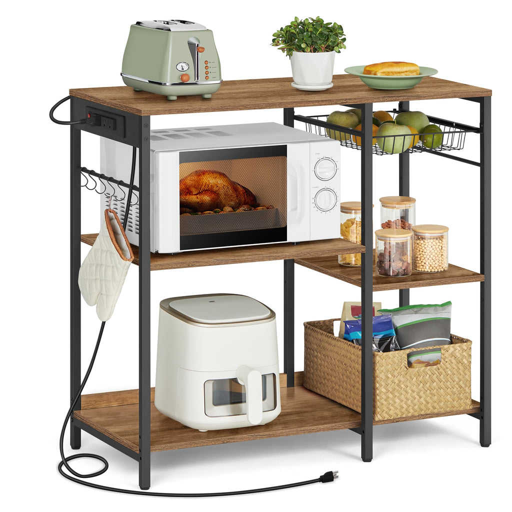 VASAGLE Baker's Rack, Coffee Bar Stand with Charging Station, 35.6 Inches Tall, Storage Shelves, Pull-Out Wire Basket, Table for Microwave, Kitchen, Rustic Brown and Ink Black UKKS036K01