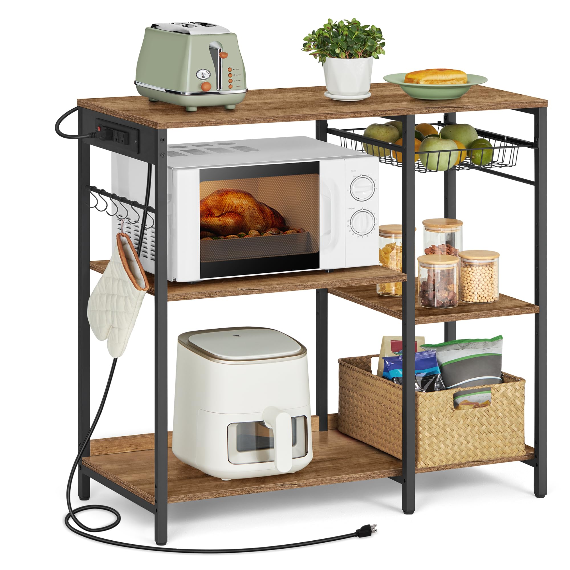 VASAGLE Baker's Rack, Coffee Bar Stand with Charging Station, 35.6 Inches Tall, Storage Shelves, Pull-Out Wire Basket, Table for Microwave, Kitchen, Rustic Brown and Ink Black UKKS036K01