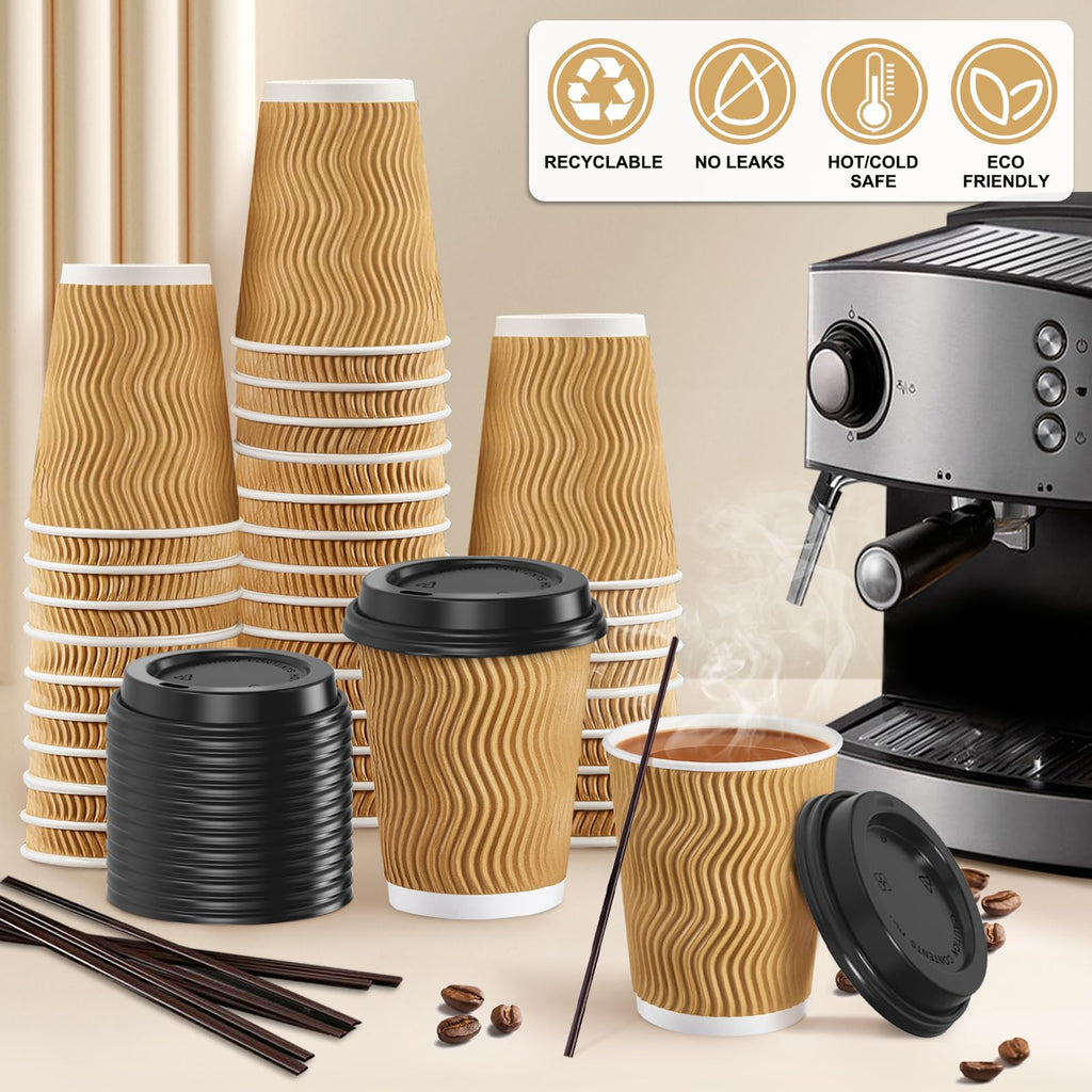 SIUQ 12 oz Coffee Cups-90 Pack Disposable Coffee Cups with Lids and Straws, Insulated Ripple Wall To Go Paper Coffee Cup for Coffee, Hot Chocolate and Hot Tea Drinks - Champagne