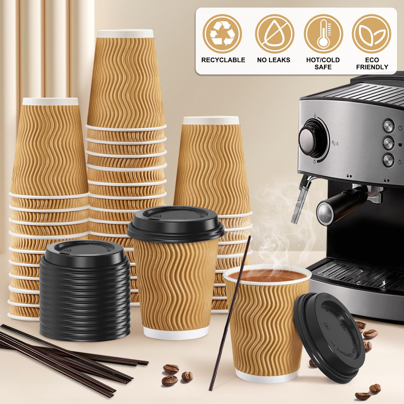 SIUQ 12 oz Coffee Cups-90 Pack Disposable Coffee Cups with Lids and Straws, Insulated Ripple Wall To Go Paper Coffee Cup for Coffee, Hot Chocolate and Hot Tea Drinks - Champagne