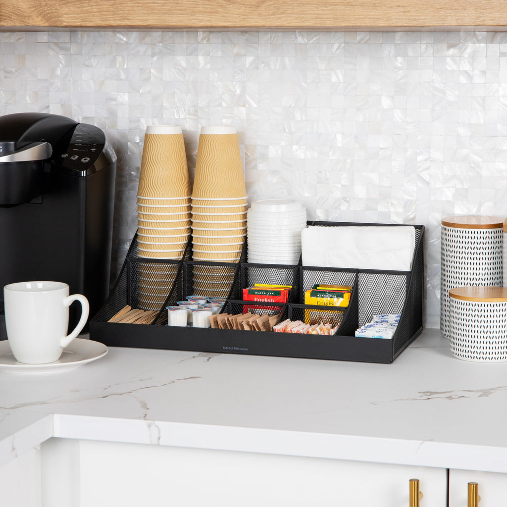 Mind Reader Cup and Condiment Station, Countertop Organizer, Coffee Bar, Kitchen, Stirrers, 17.875"L x 9.5"W x 6.625"H, Black