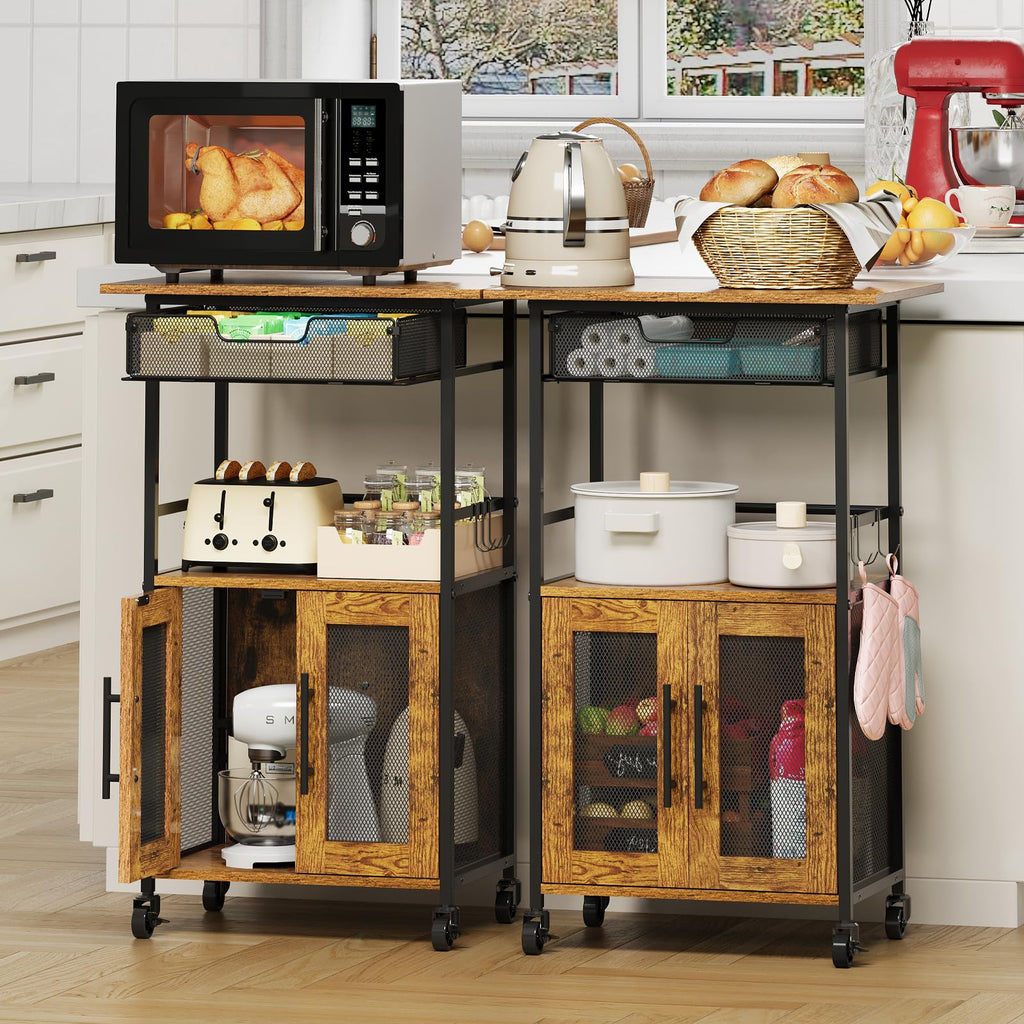 Hencawima Coffee Bar Cabinet, 3 Tier Coffee Station Table on Wheels, 35.9" H Bar Cart with Wire Basket Drawer & 5 Hooks for Home Kitchen, Liquor Buffet Sideboard Cabinet (Rustic Brown)