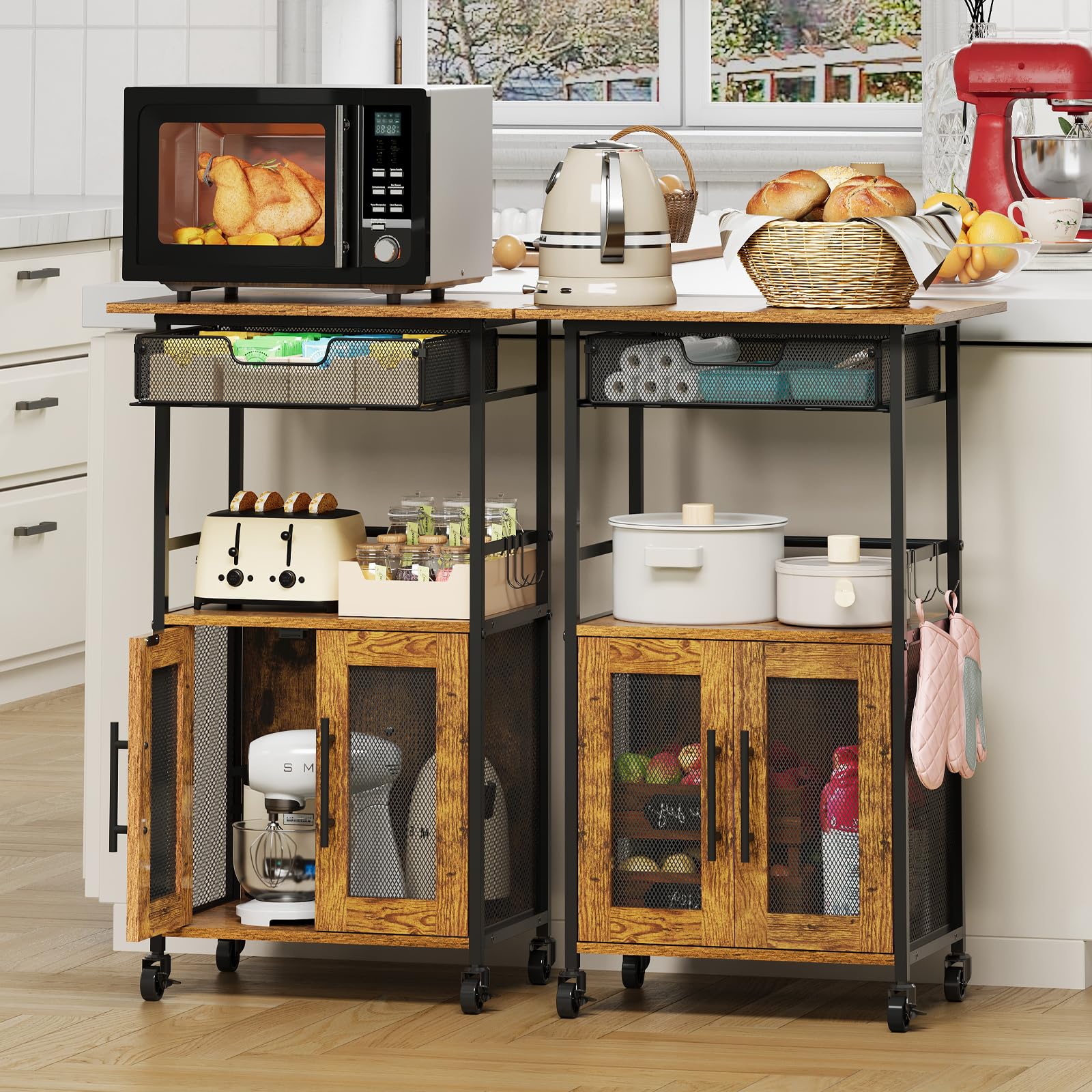 Hencawima Coffee Bar Cabinet, 3 Tier Coffee Station Table on Wheels, 35.9" H Bar Cart with Wire Basket Drawer & 5 Hooks for Home Kitchen, Liquor Buffet Sideboard Cabinet (Rustic Brown)