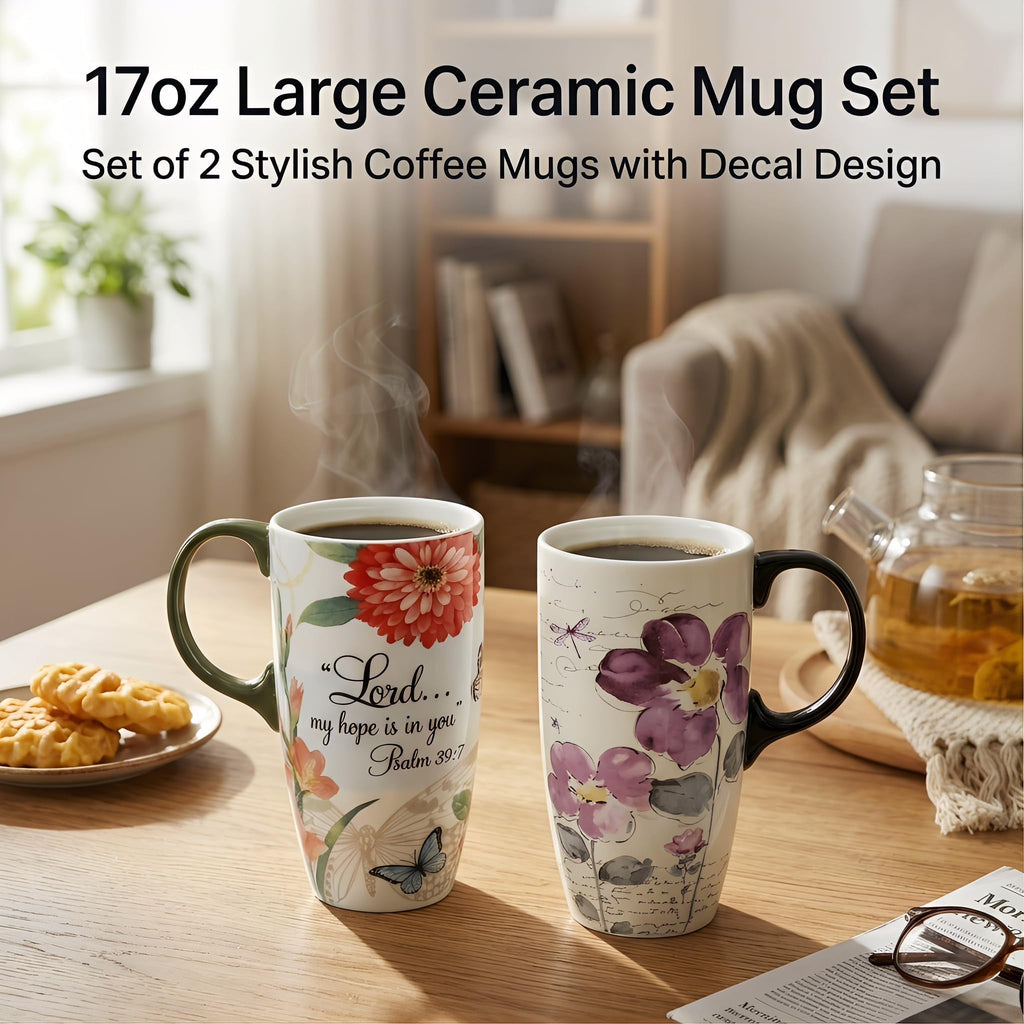 Topadorn 17oz Ceramic Travel Mug with Lid, Tall Ceramic Coffee Mug with Handle, Purple Floral Coffee Cup with Gift Box