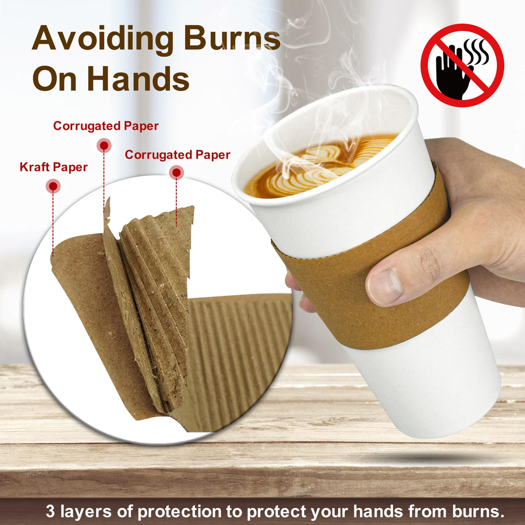 Ginkgo [100 Pack 16 oz Disposable Coffee Cups with Lids and Sleeves - To Go Coffee Cups for Hot Drinks, Chocolate, Cocoa and Coffee Bar