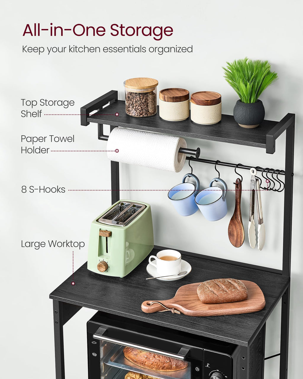 VASAGLE BARNET Collection - Kitchen Bakers Rack with Power Outlet, 31.5-Inch Wide Coffee Bar 4-Tier with 8 S Hooks, Modern Microwave Stand, Adjustable Shelf, Rustic Brown and Ink Black UKKS029KD01