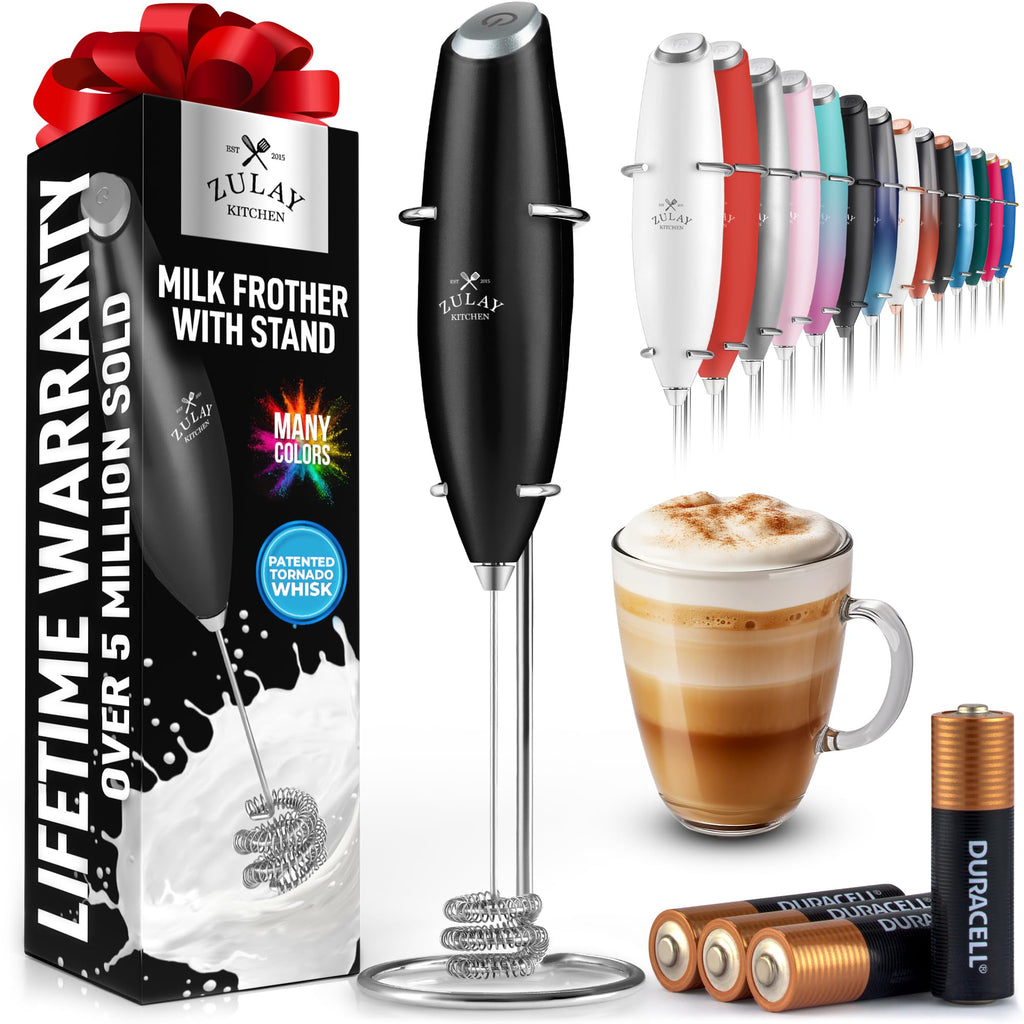 Zulay Kitchen Rechargeable Milk Frother Handheld - Frother Wand, Drink Mixer, Electric Whisk Frother, for Cappuccinos, Matcha & Protein Powder - Lux 4 Whisk 2 Speed Waterproof 2000mAh Alpha Black