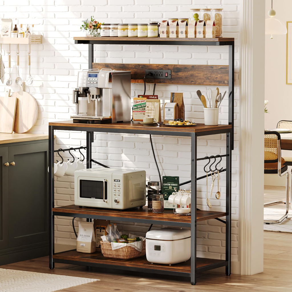 SUPERJARE Kitchen Bakers Rack with Power Outlet, Coffee Bar Table 4 Tiers, Kitchen Microwave Stand with 6 S-shaped Hooks, Storage Shelf Rack for Spices, Pots and Pans - Rustic Brown